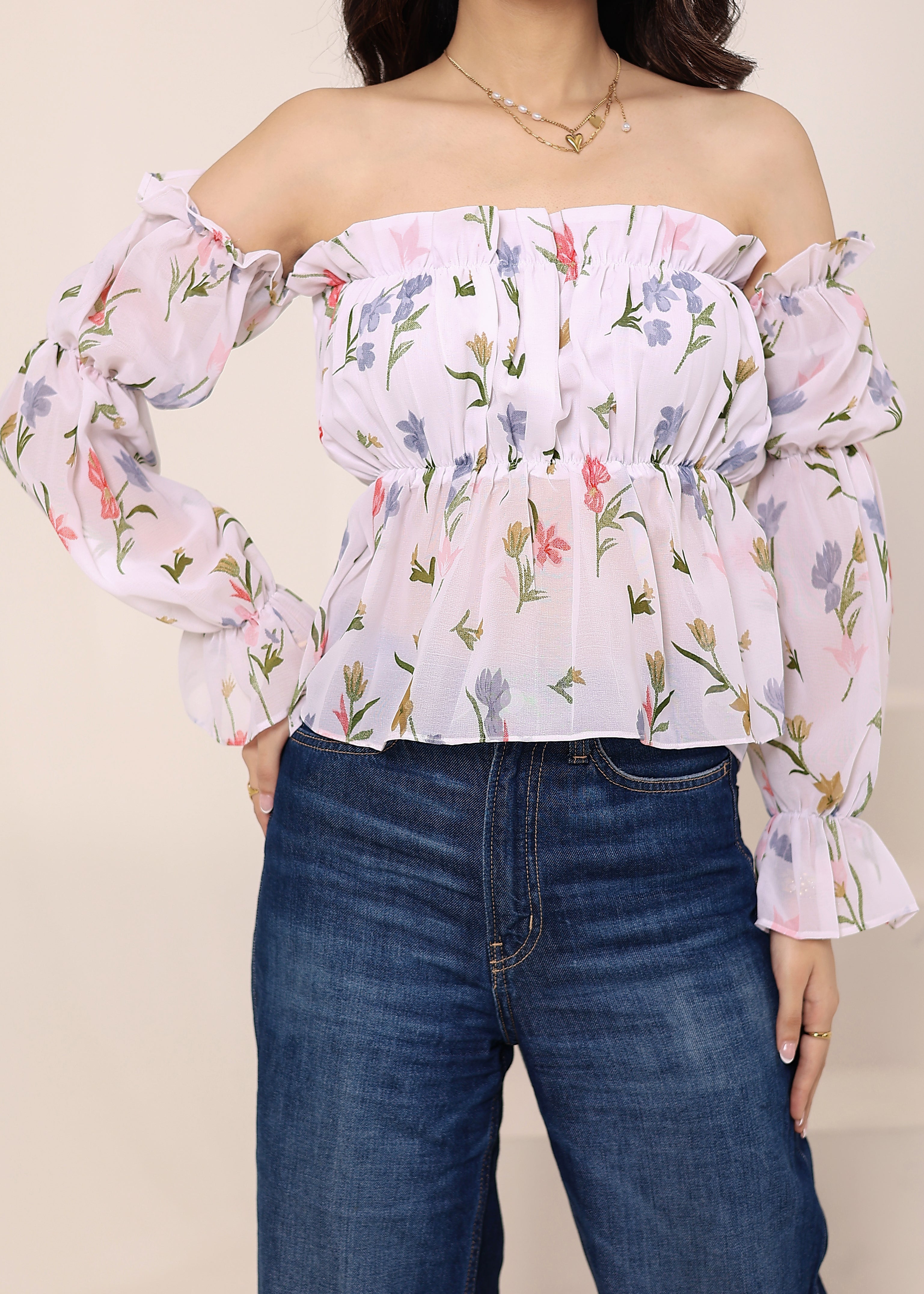 White Floral Print Off-Shoulder Top - Kaoribyshreya