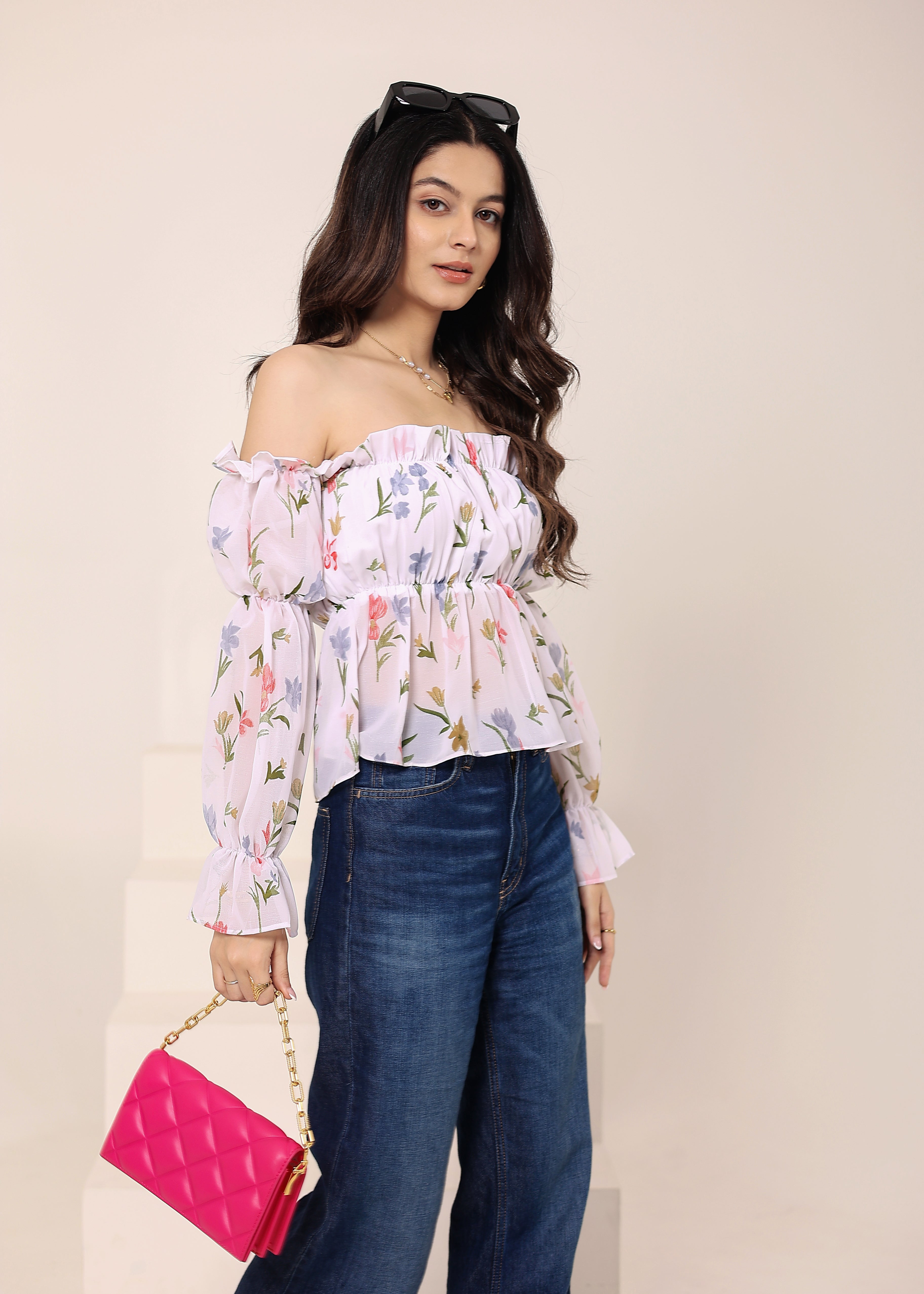 White Floral Print Off-Shoulder Top - Kaoribyshreya