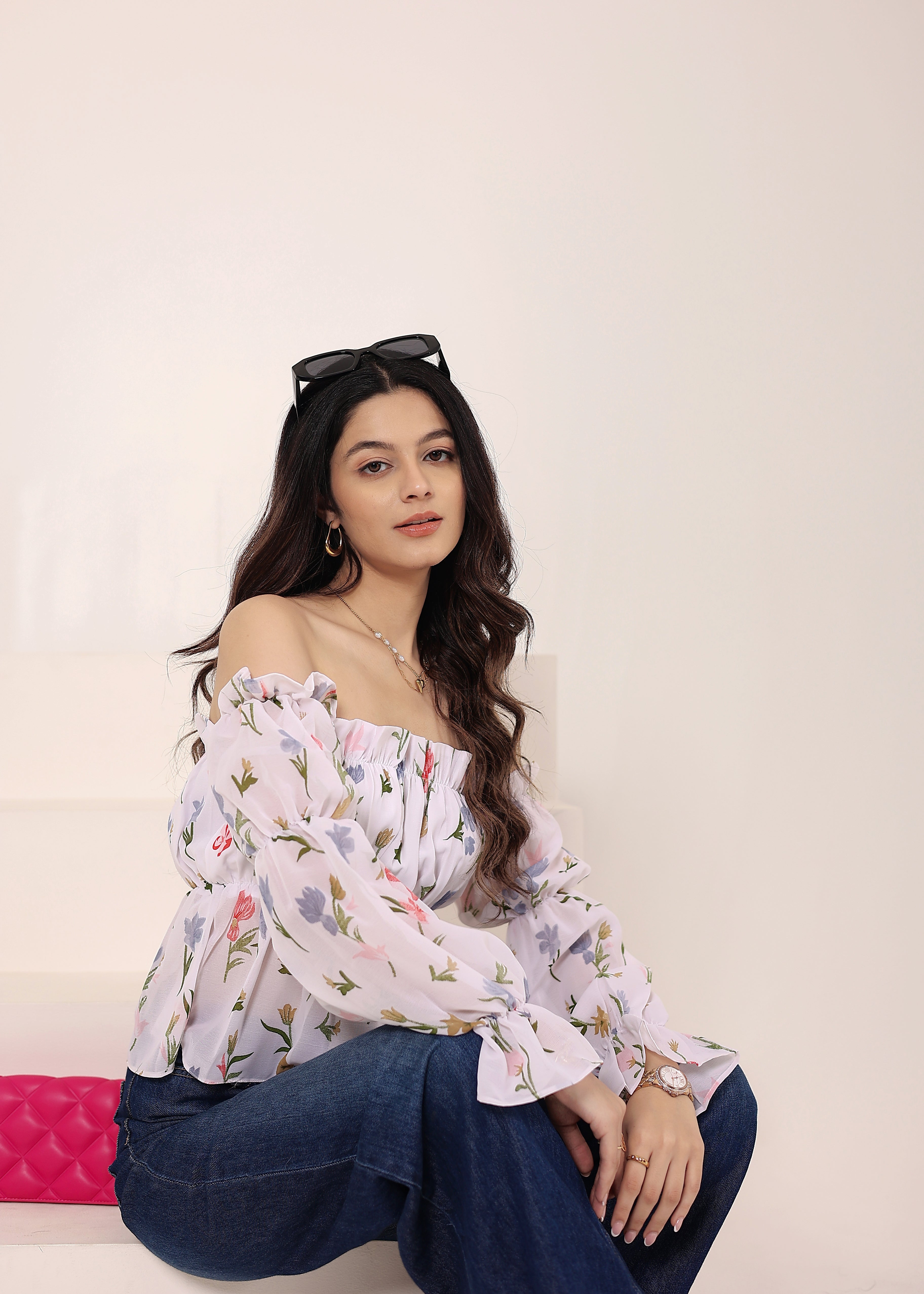White Floral Print Off-Shoulder Top - Kaoribyshreya