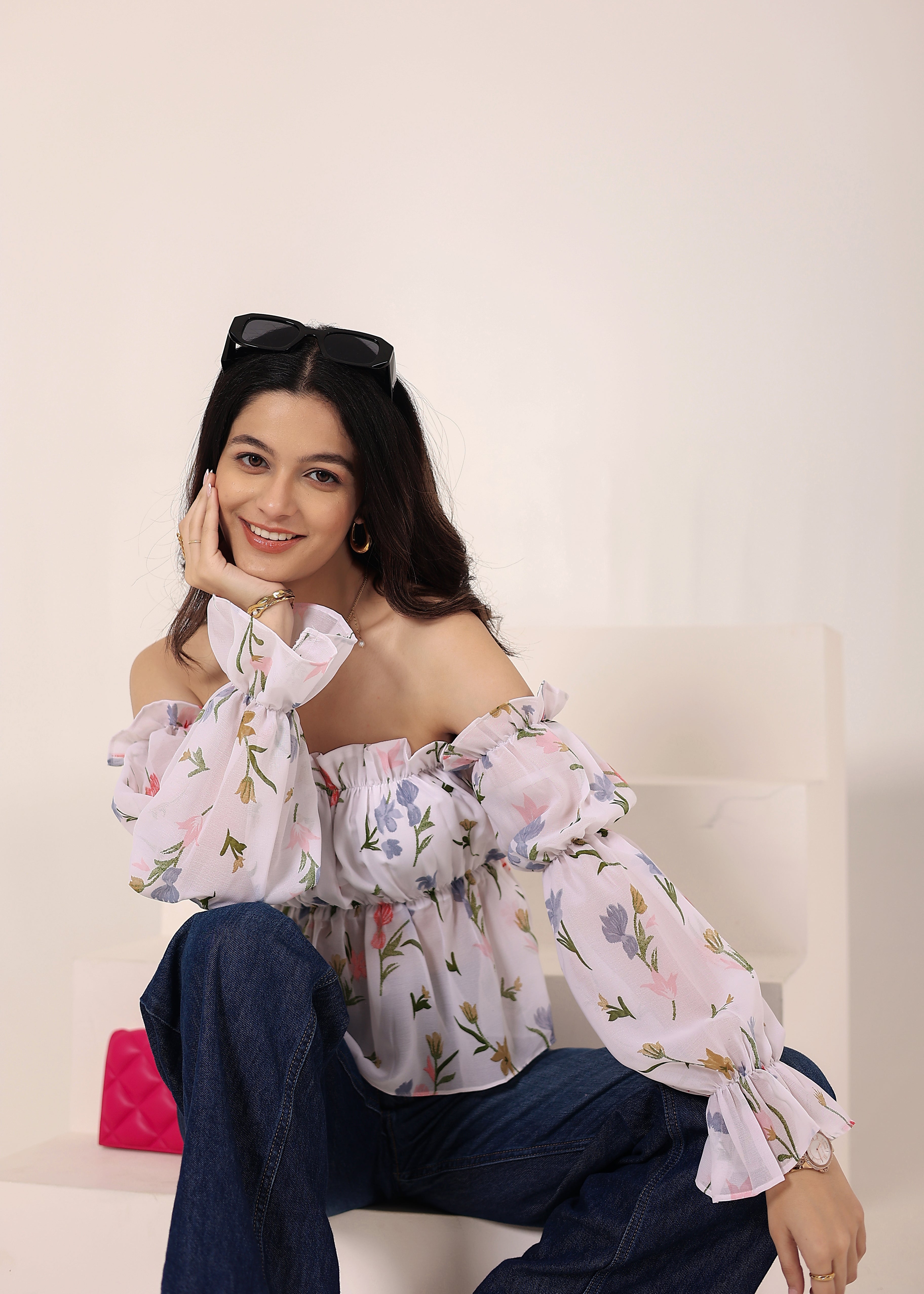 White Floral Print Off-Shoulder Top - Kaoribyshreya
