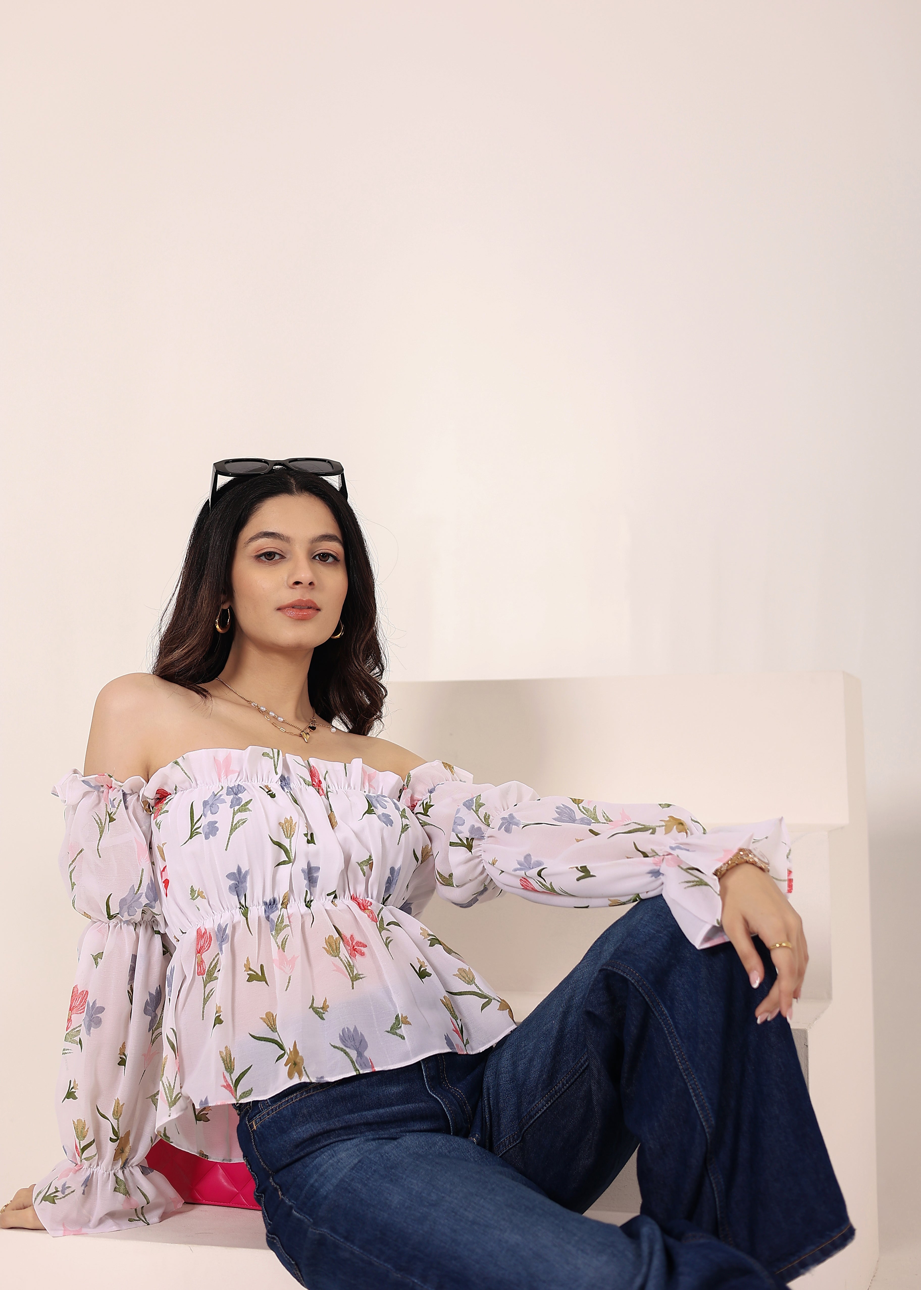 White Floral Print Off-Shoulder Top - Kaoribyshreya