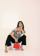 Light Sky Blue Floral Print Puff Sleeve Flared Top - Kaoribyshreya