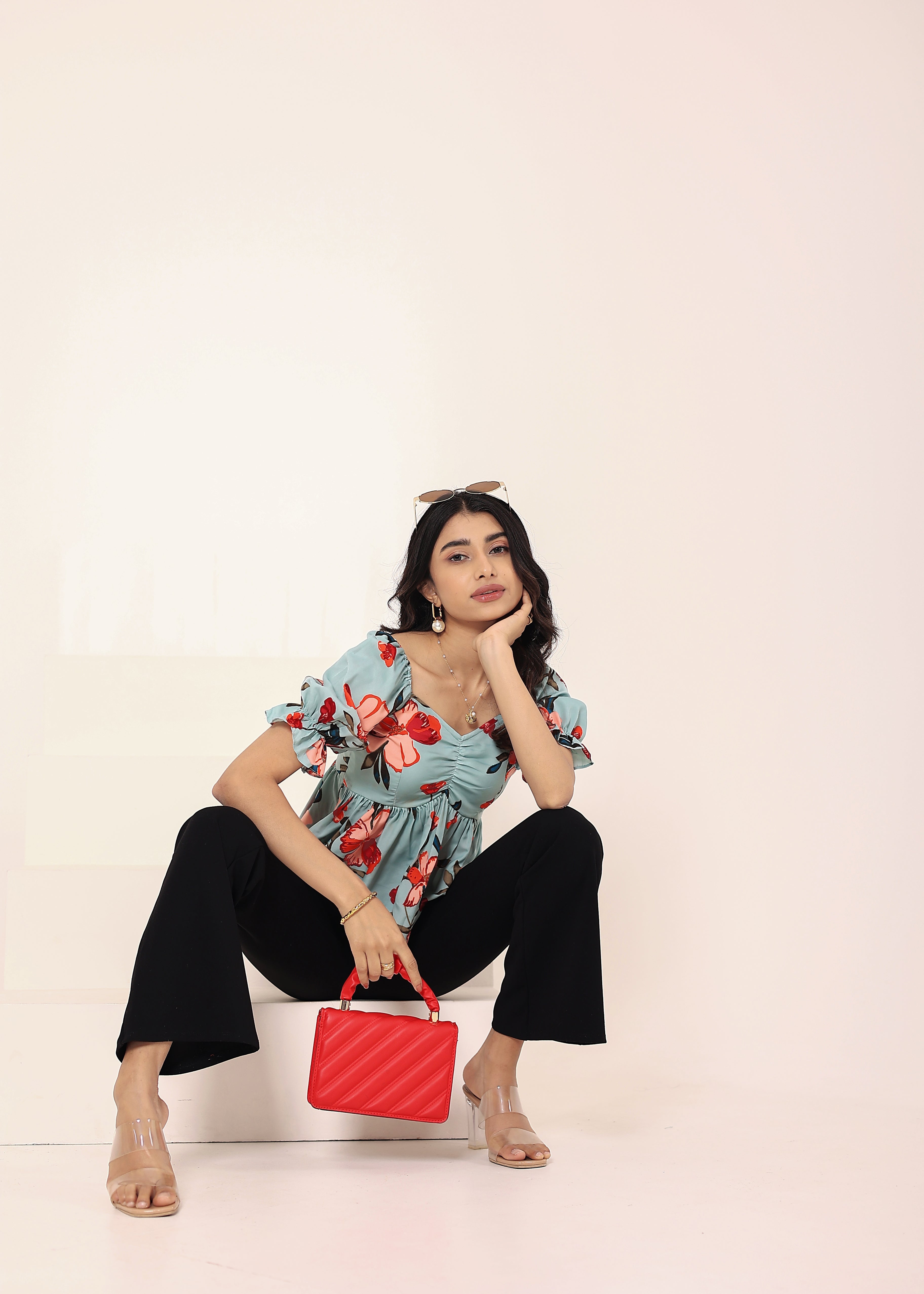 Light Sky Blue Floral Print Puff Sleeve Flared Top - Kaoribyshreya