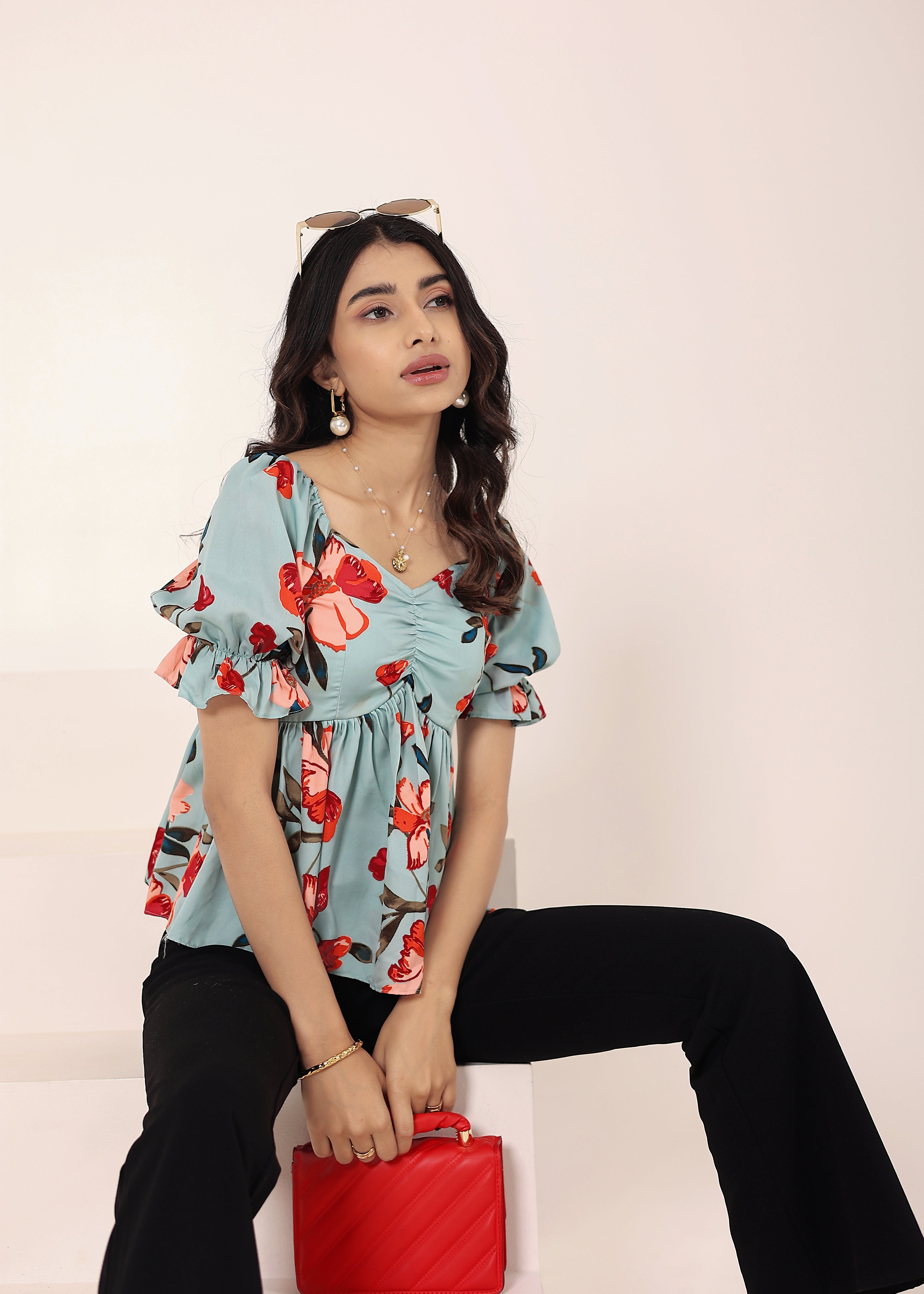 Light Sky Blue Floral Print Puff Sleeve Flared Top - Kaoribyshreya