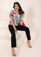 Light Sky Blue Floral Print Puff Sleeve Flared Top - Kaoribyshreya