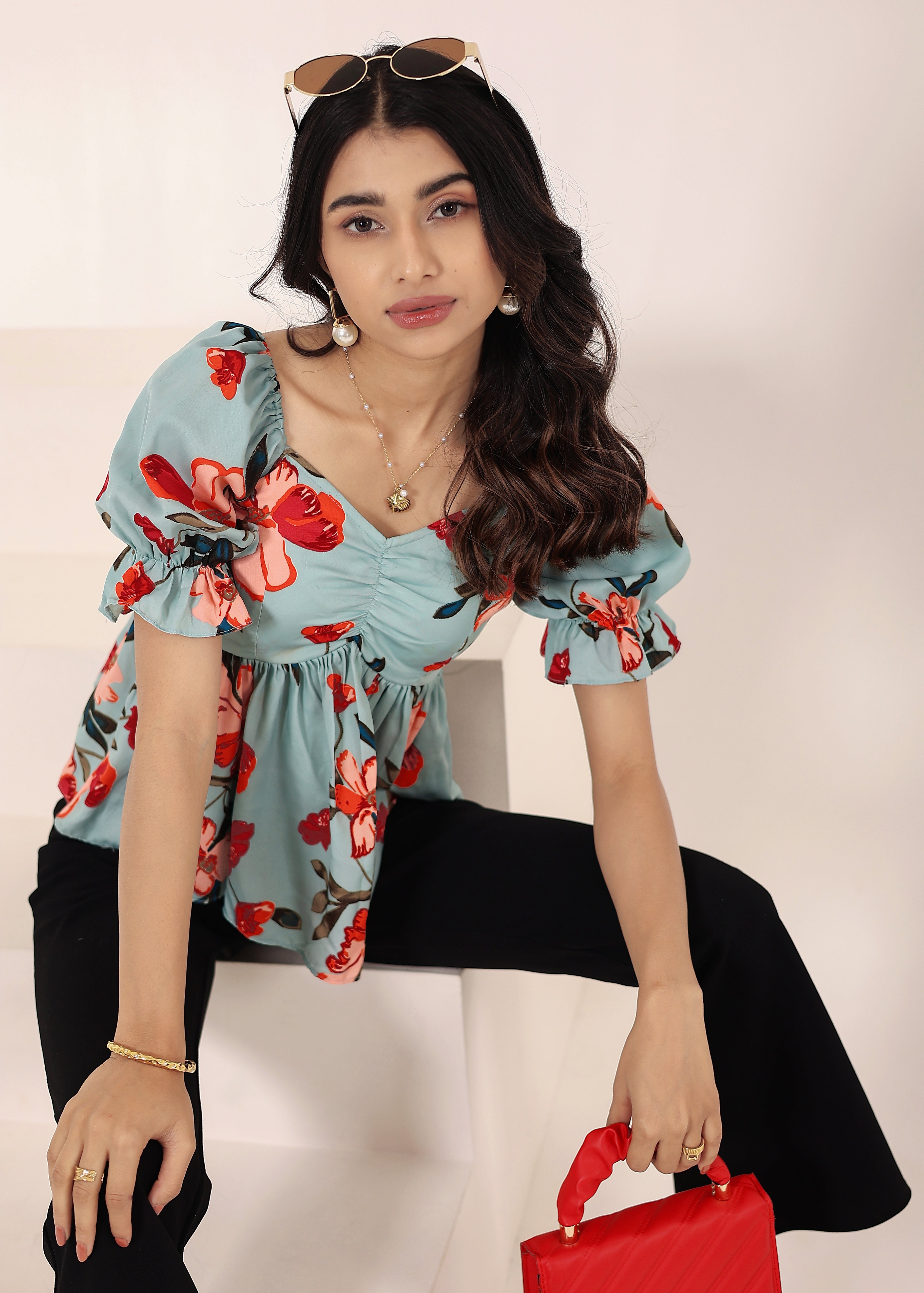 Light Sky Blue Floral Print Puff Sleeve Flared Top - Kaoribyshreya