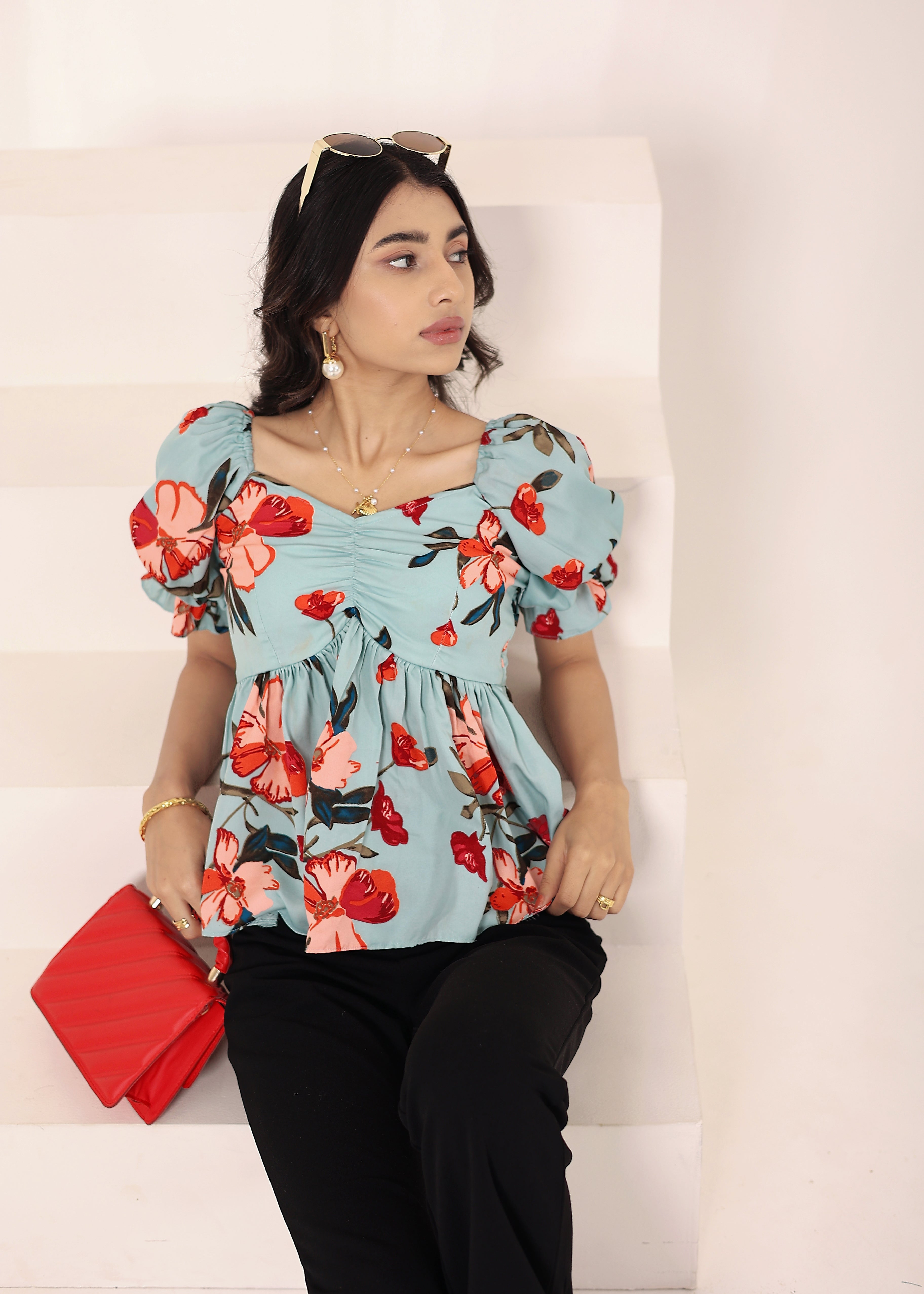 Light Sky Blue Floral Print Puff Sleeve Flared Top - Kaoribyshreya
