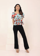 Light Sky Blue Floral Print Puff Sleeve Flared Top - Kaoribyshreya