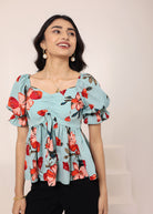 Light Sky Blue Floral Print Puff Sleeve Flared Top - Kaoribyshreya