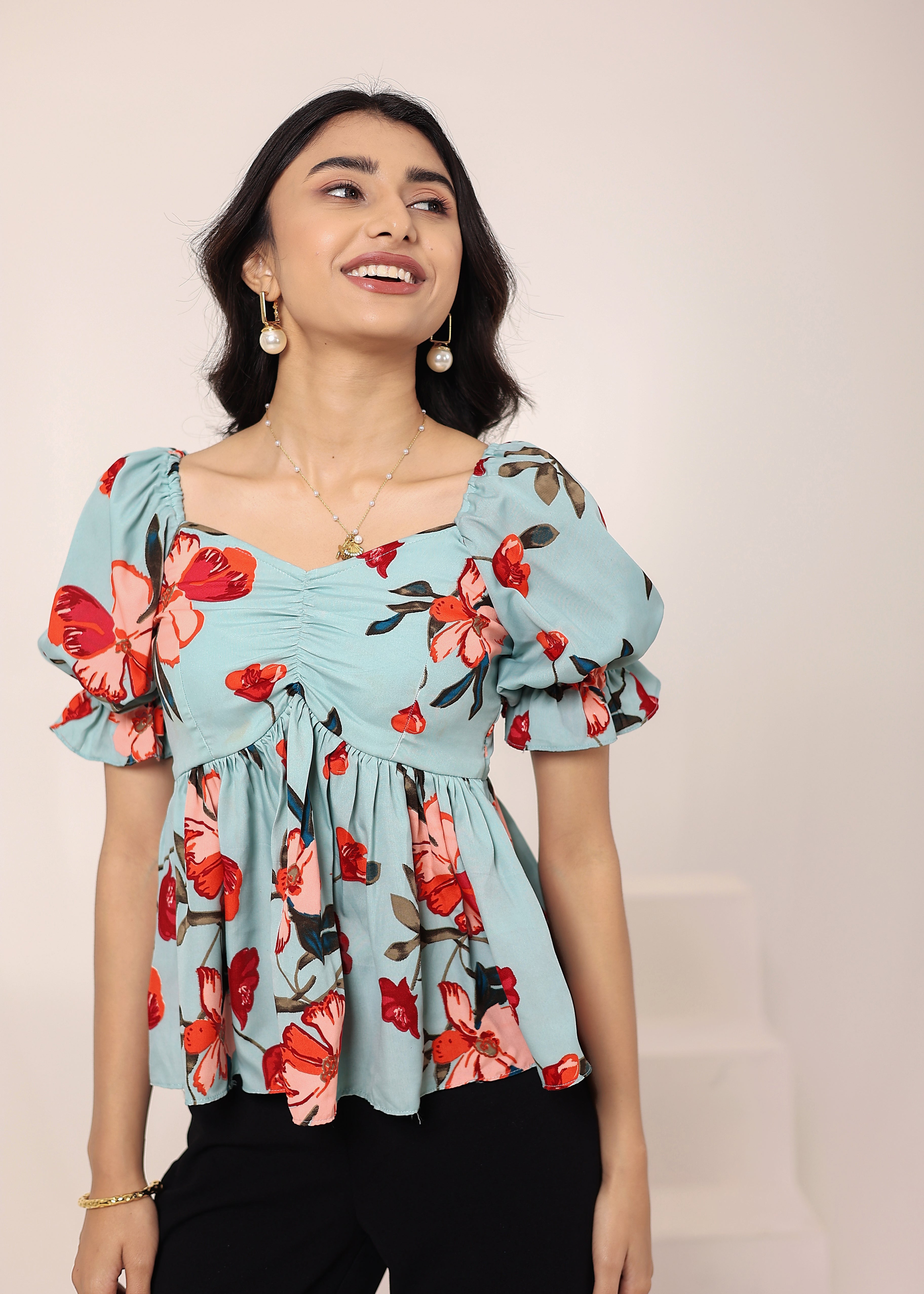 Light Sky Blue Floral Print Puff Sleeve Flared Top - Kaoribyshreya