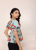 Light Sky Blue Floral Print Puff Sleeve Flared Top - Kaoribyshreya