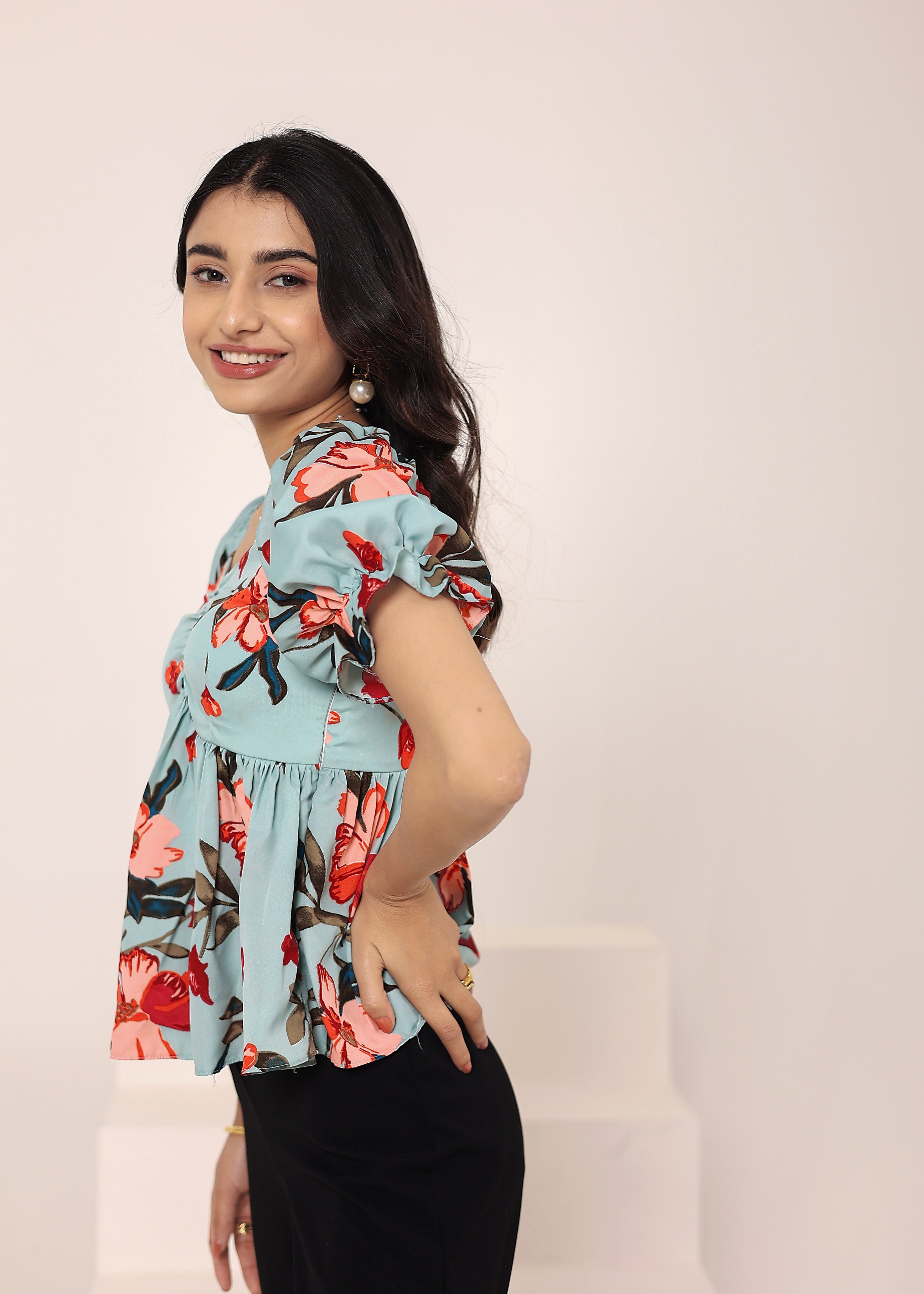 Light Sky Blue Floral Print Puff Sleeve Flared Top - Kaoribyshreya