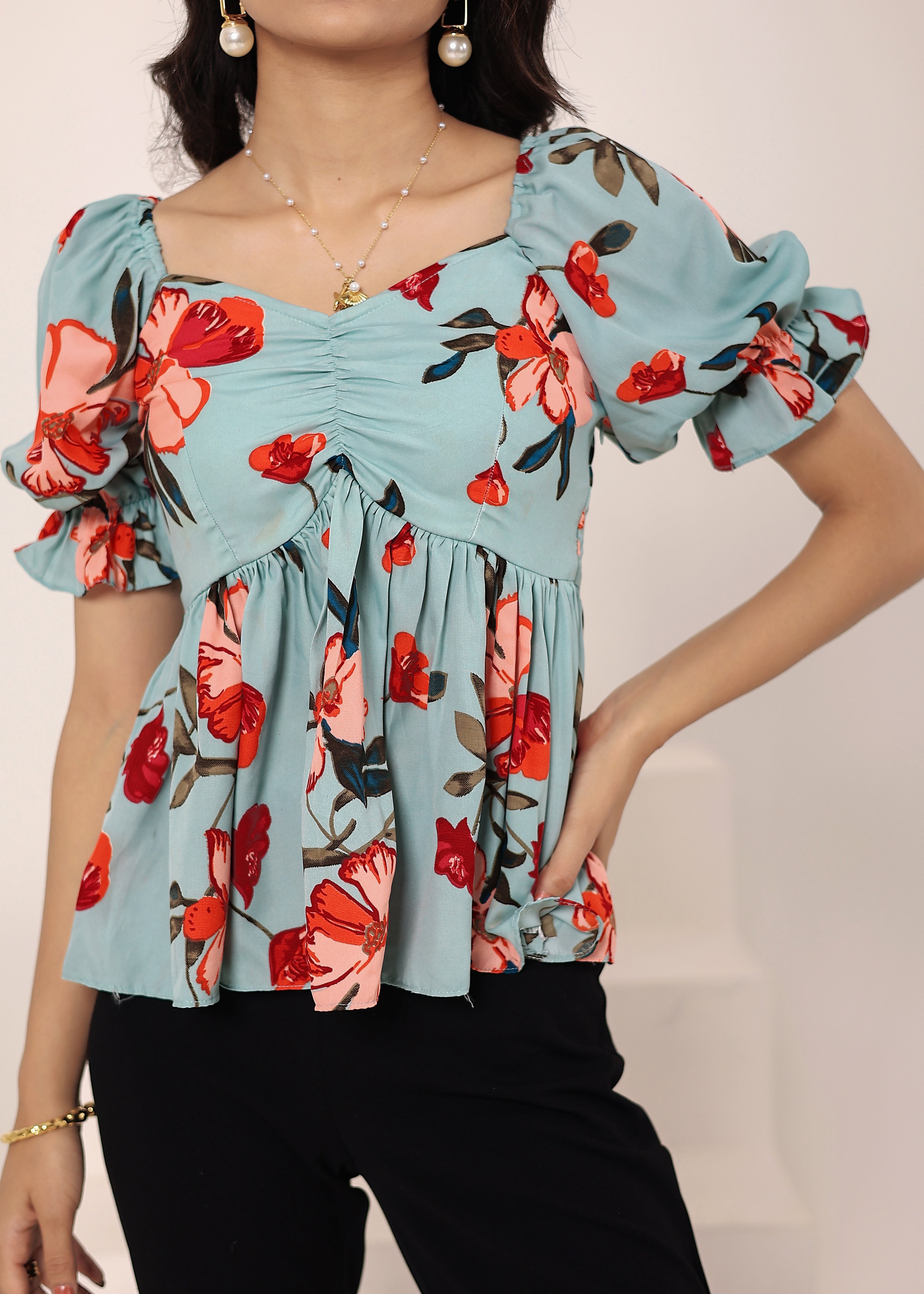 Light Sky Blue Floral Print Puff Sleeve Flared Top - Kaoribyshreya