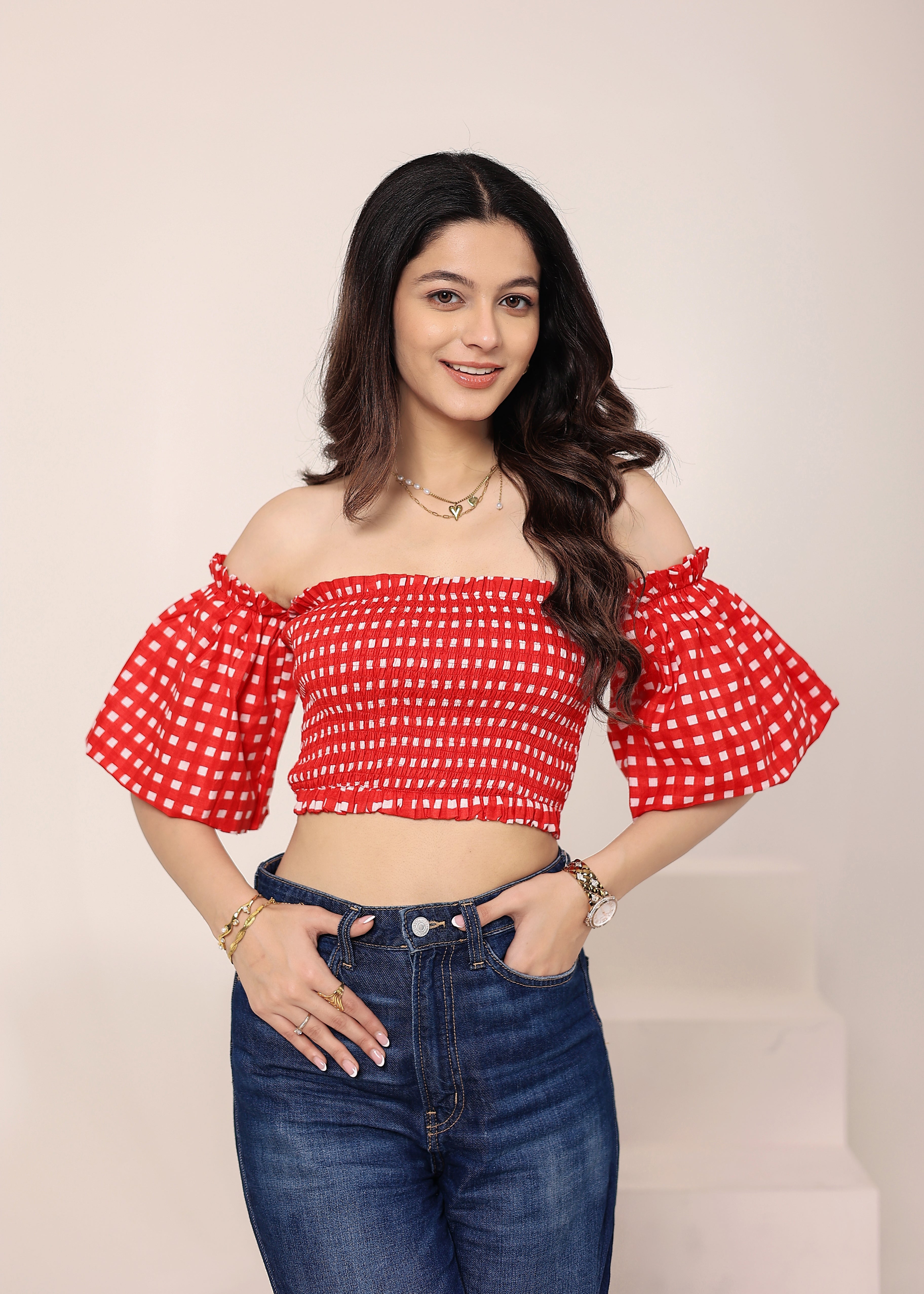 White & Red Gingham Off-Shoulder Crop Top - Kaoribyshreya