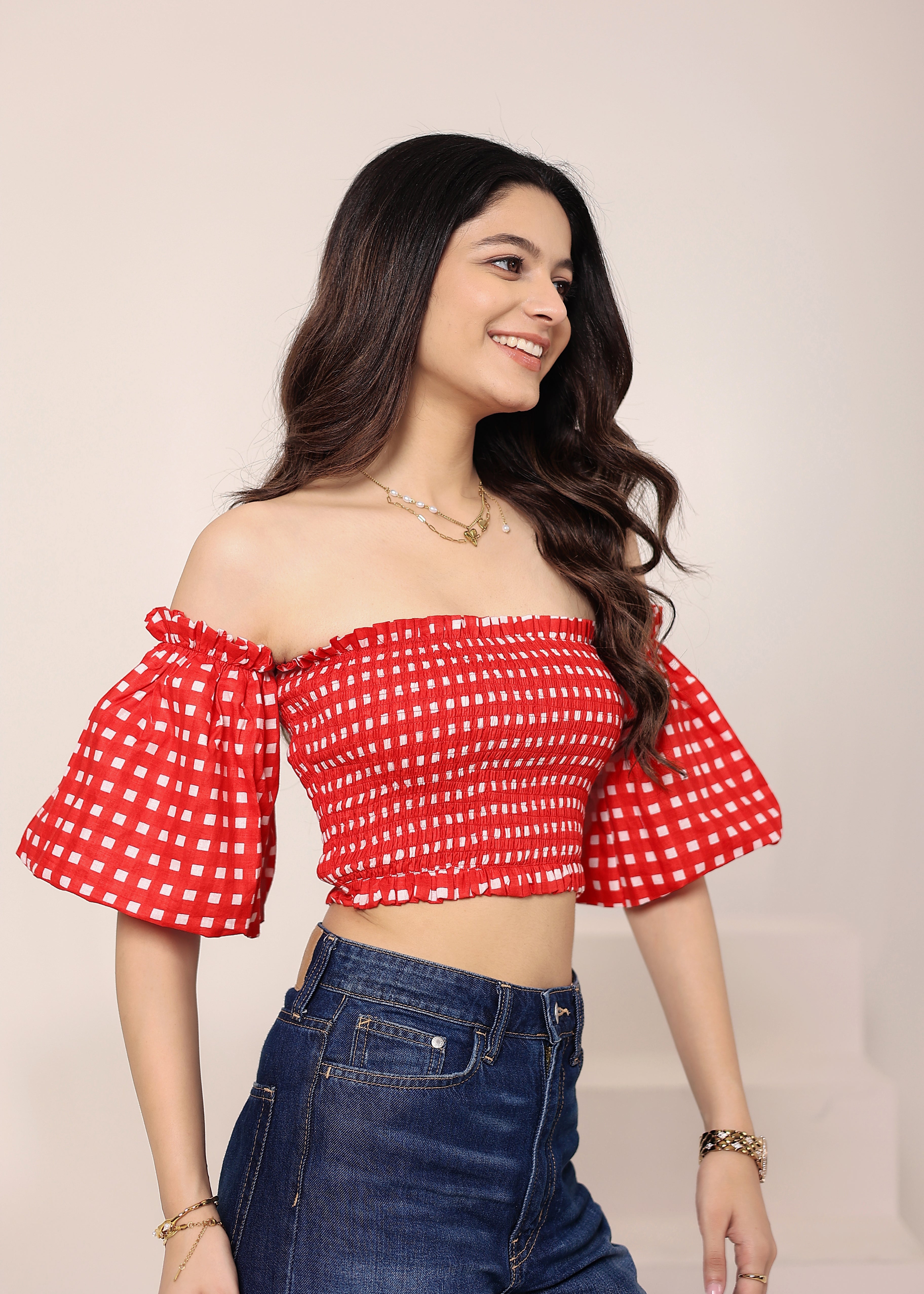White & Red Gingham Off-Shoulder Crop Top - Kaoribyshreya