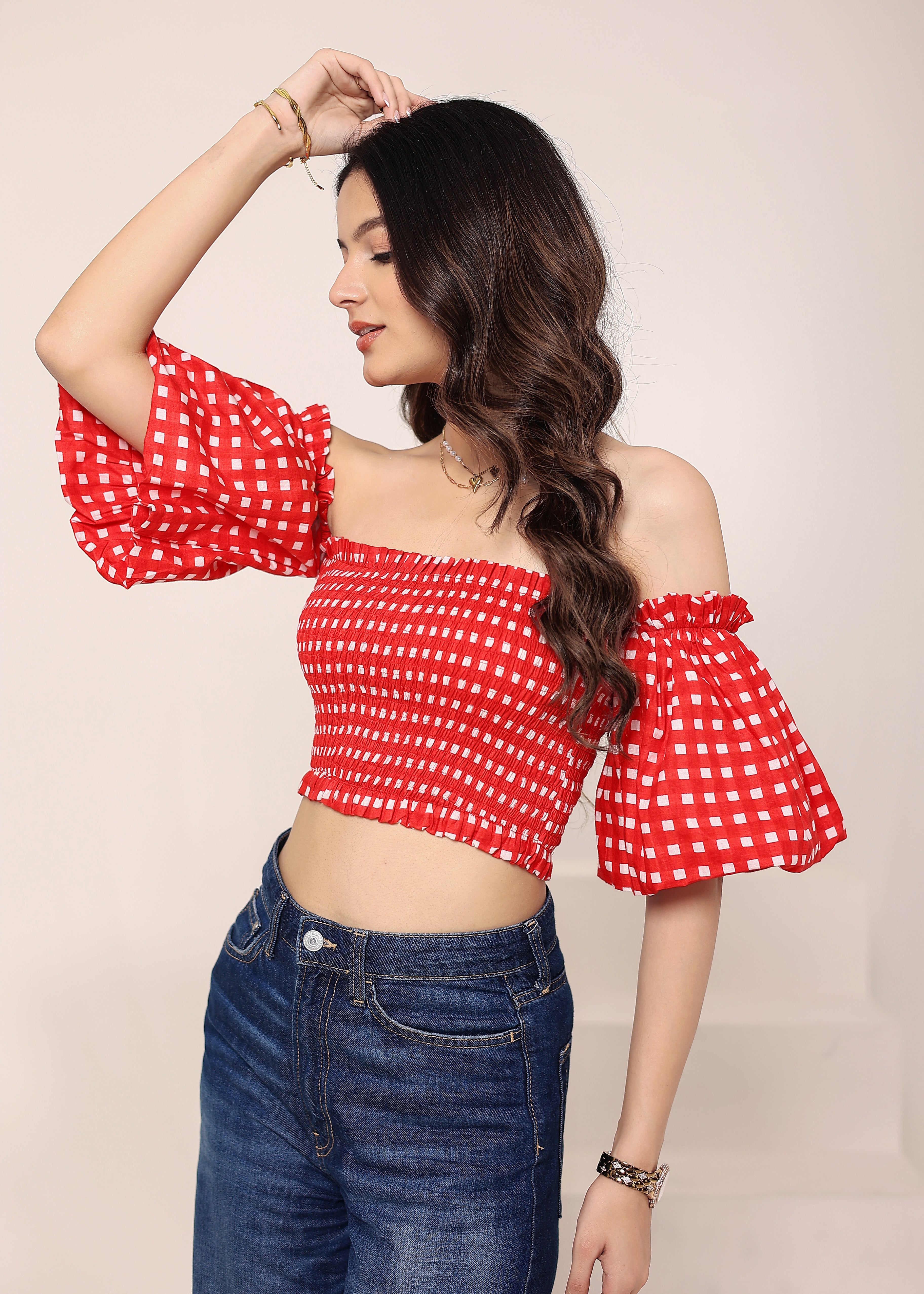 White & Red Gingham Off-Shoulder Crop Top - Kaoribyshreya