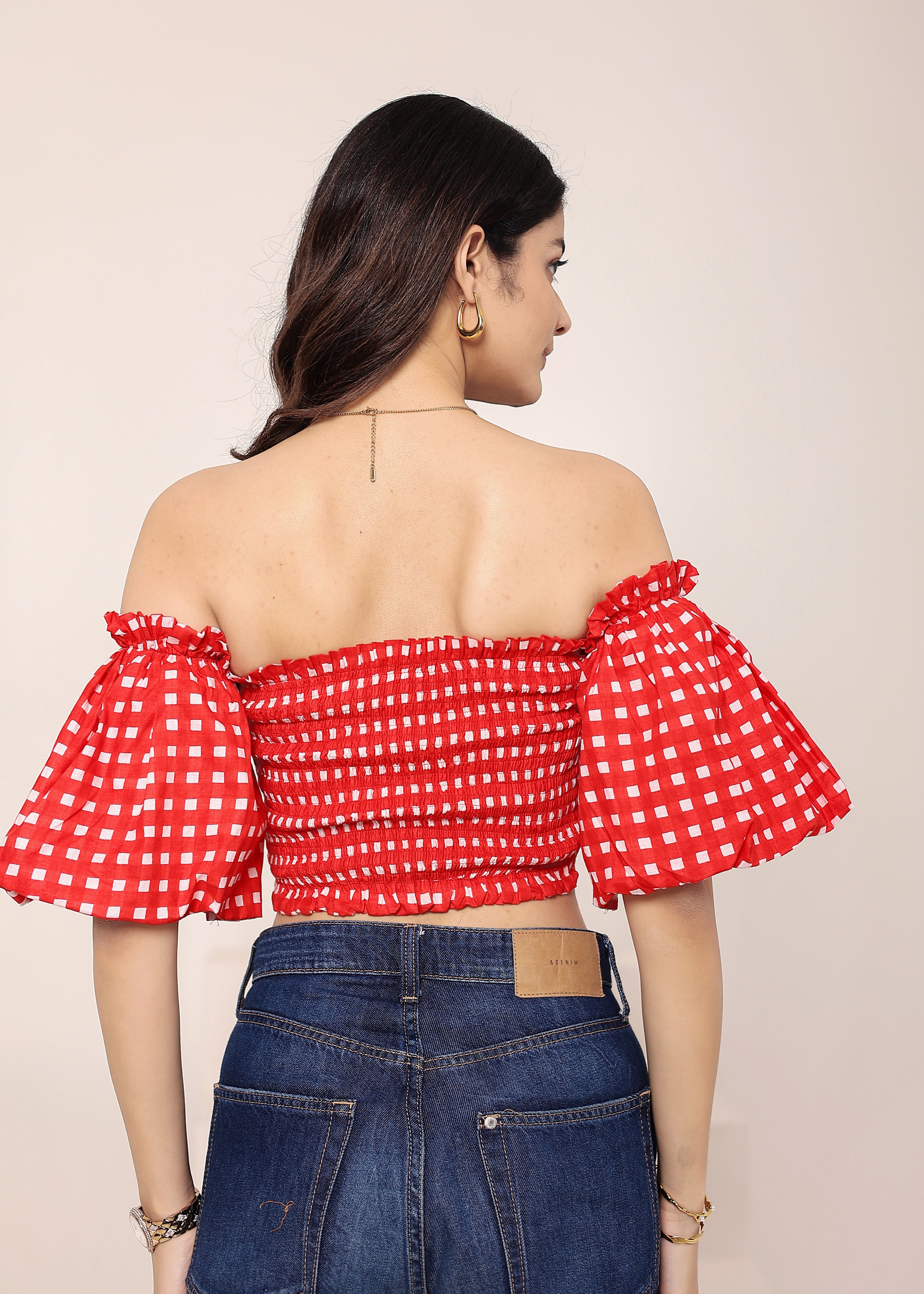 White & Red Gingham Off-Shoulder Crop Top - Kaoribyshreya