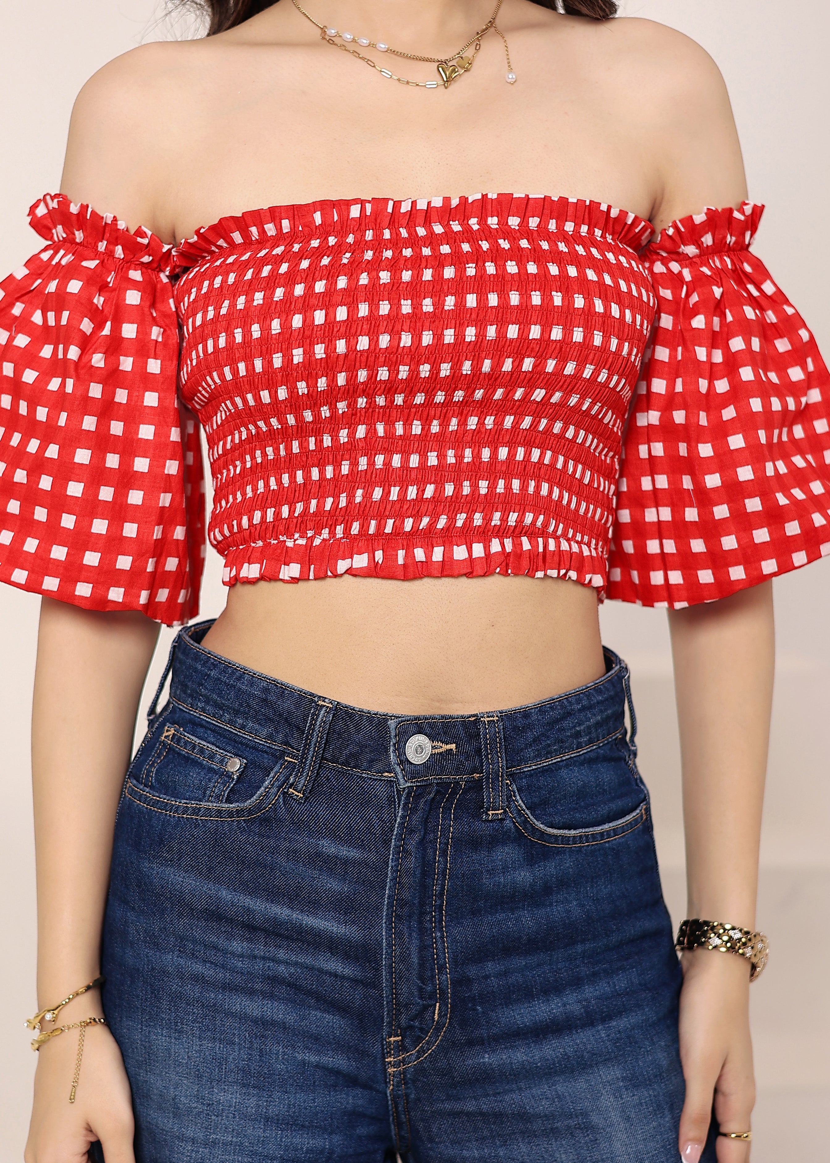 White & Red Gingham Off-Shoulder Crop Top - Kaoribyshreya