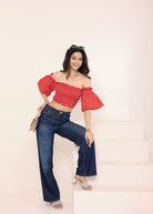 White & Red Gingham Off-Shoulder Crop Top - Kaoribyshreya