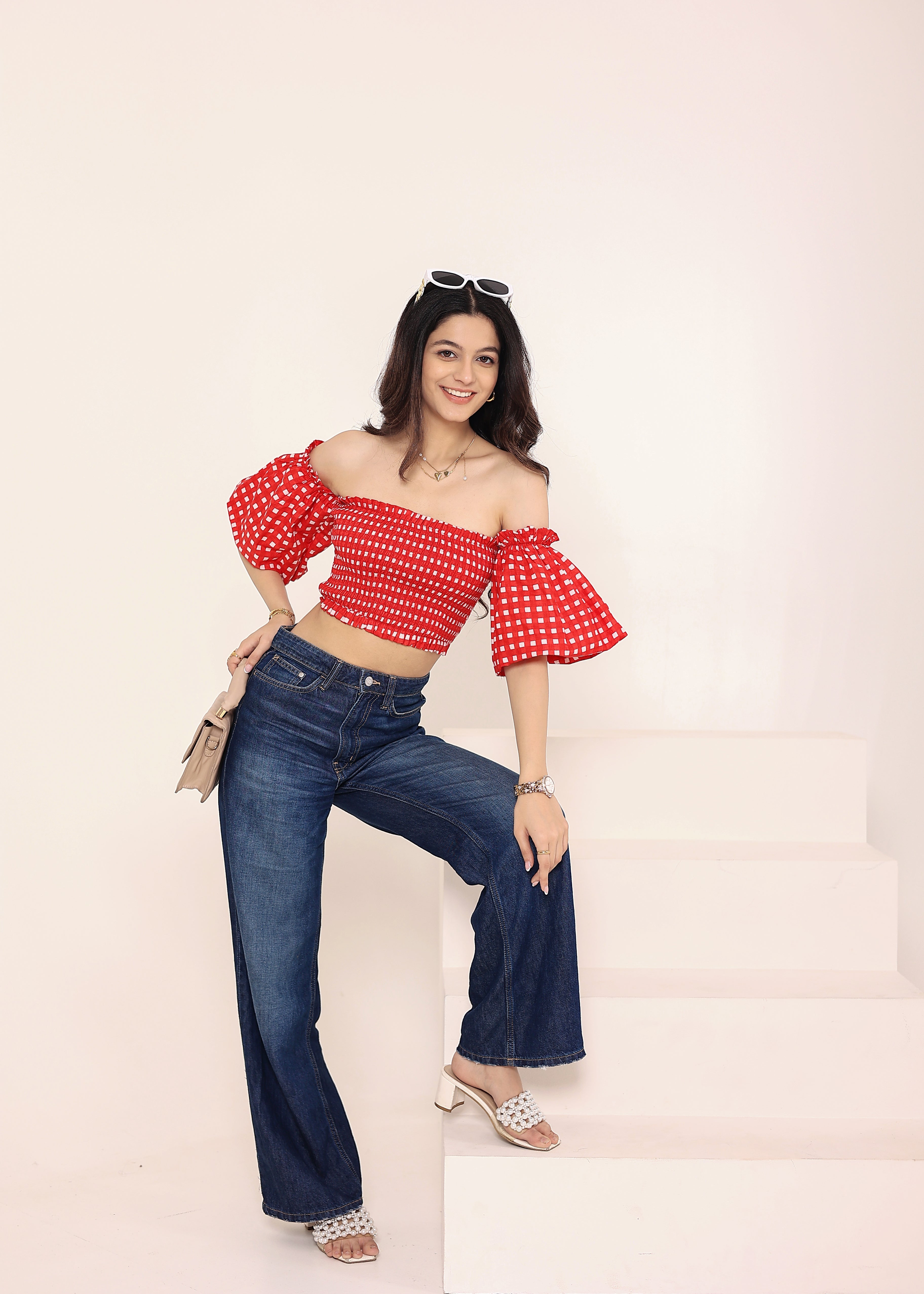 White & Red Gingham Off-Shoulder Crop Top - Kaoribyshreya