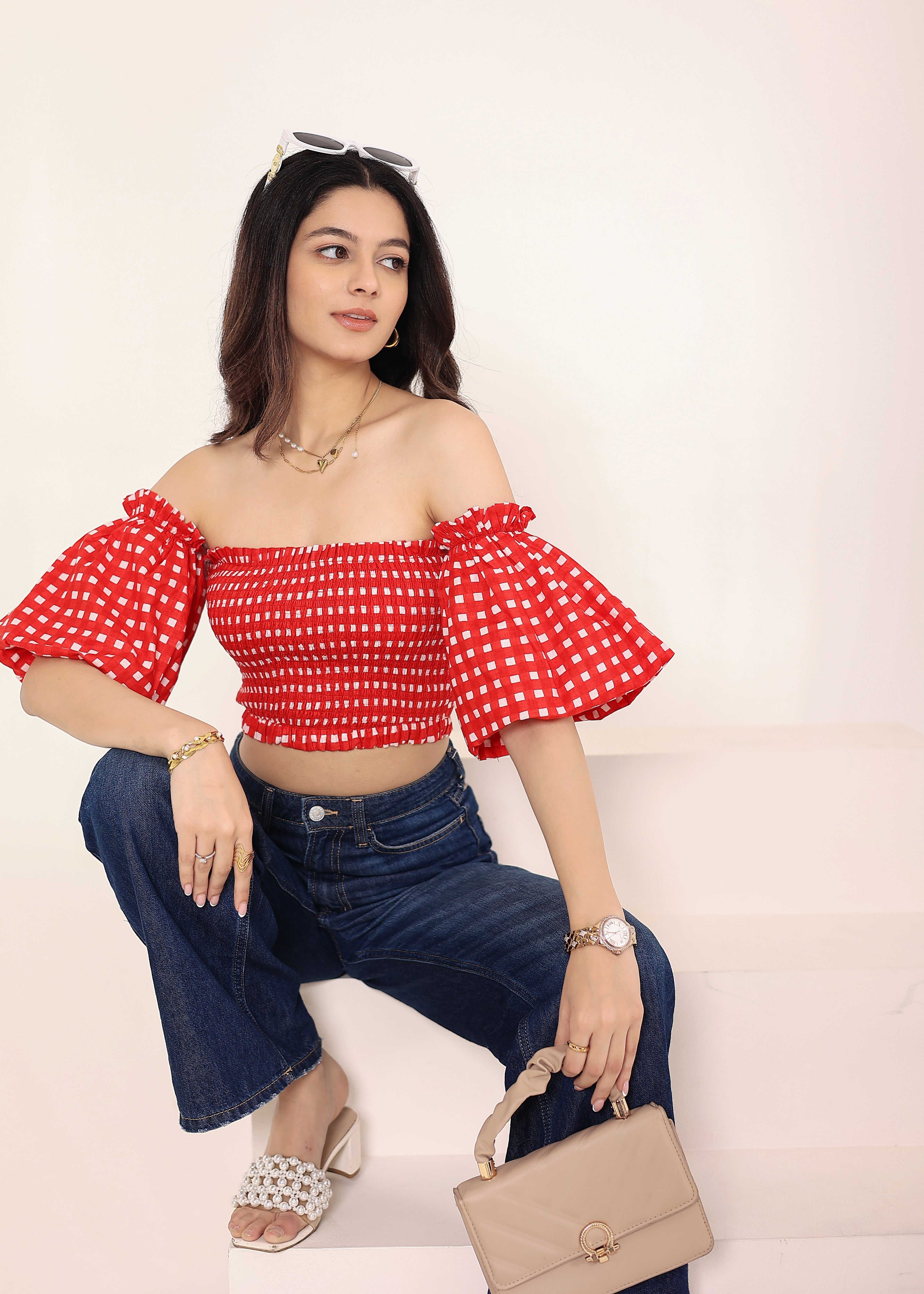 White & Red Gingham Off-Shoulder Crop Top - Kaoribyshreya