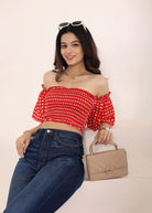 White & Red Gingham Off-Shoulder Crop Top - Kaoribyshreya