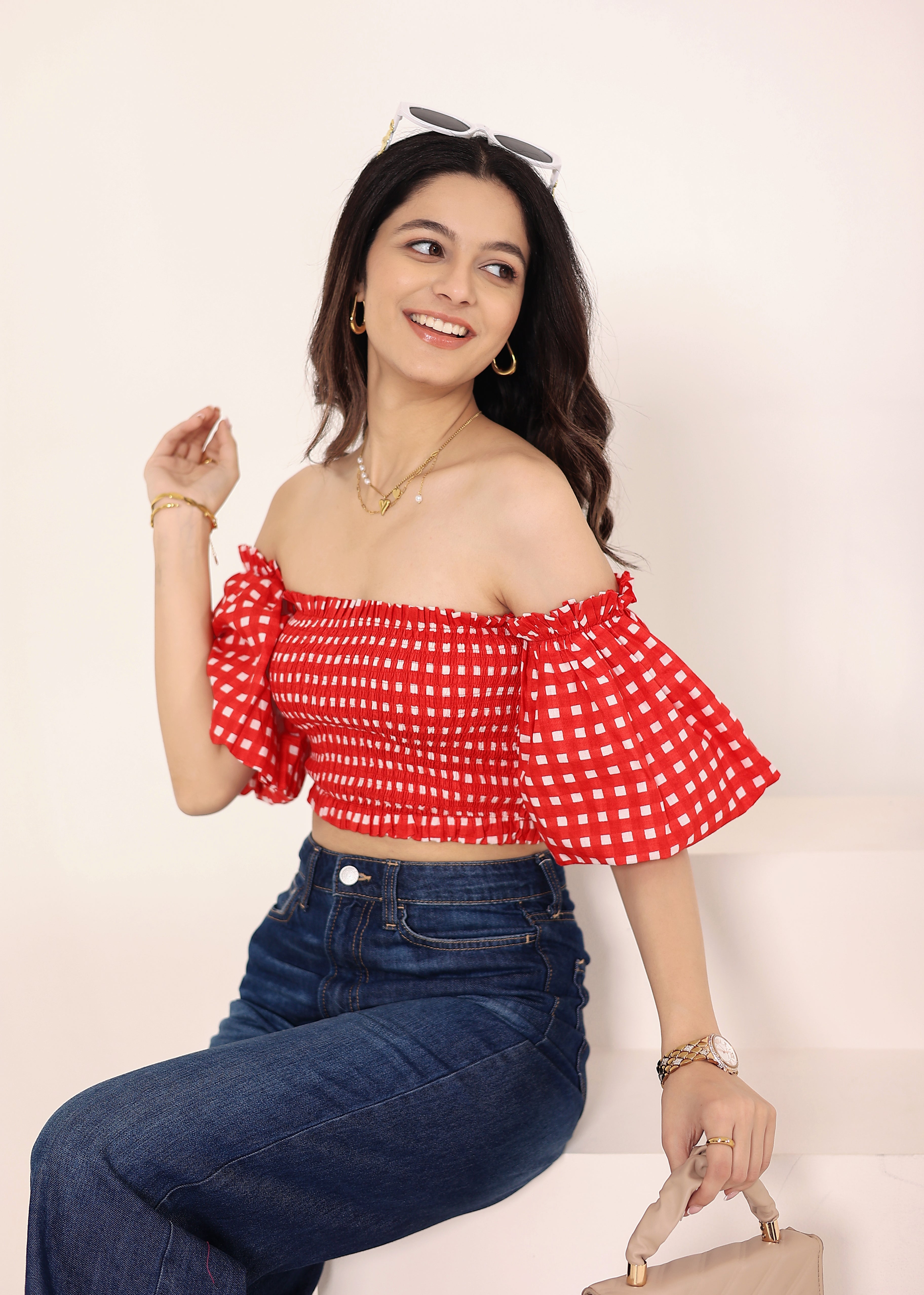 White & Red Gingham Off-Shoulder Crop Top - Kaoribyshreya