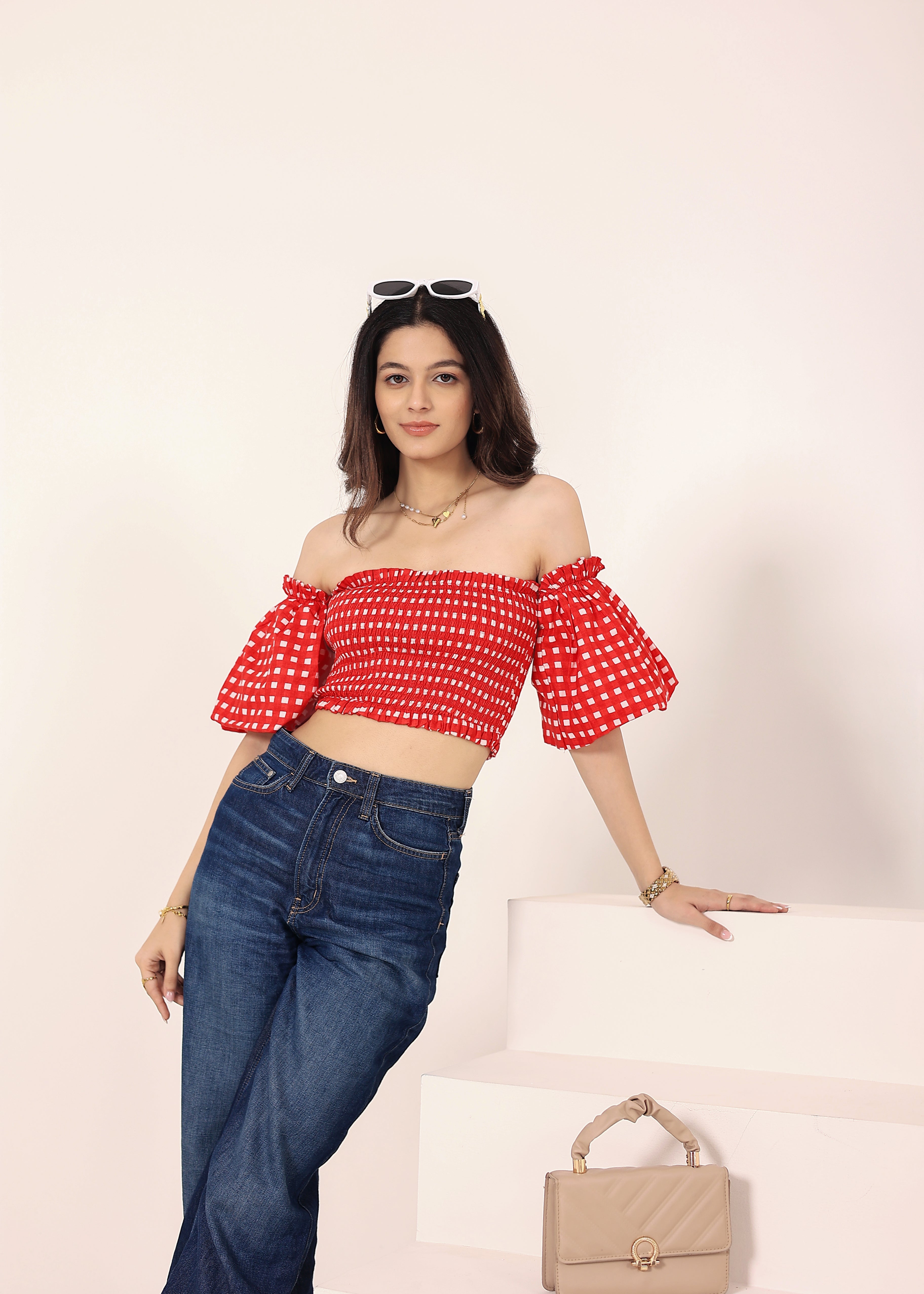 White & Red Gingham Off-Shoulder Crop Top - Kaoribyshreya