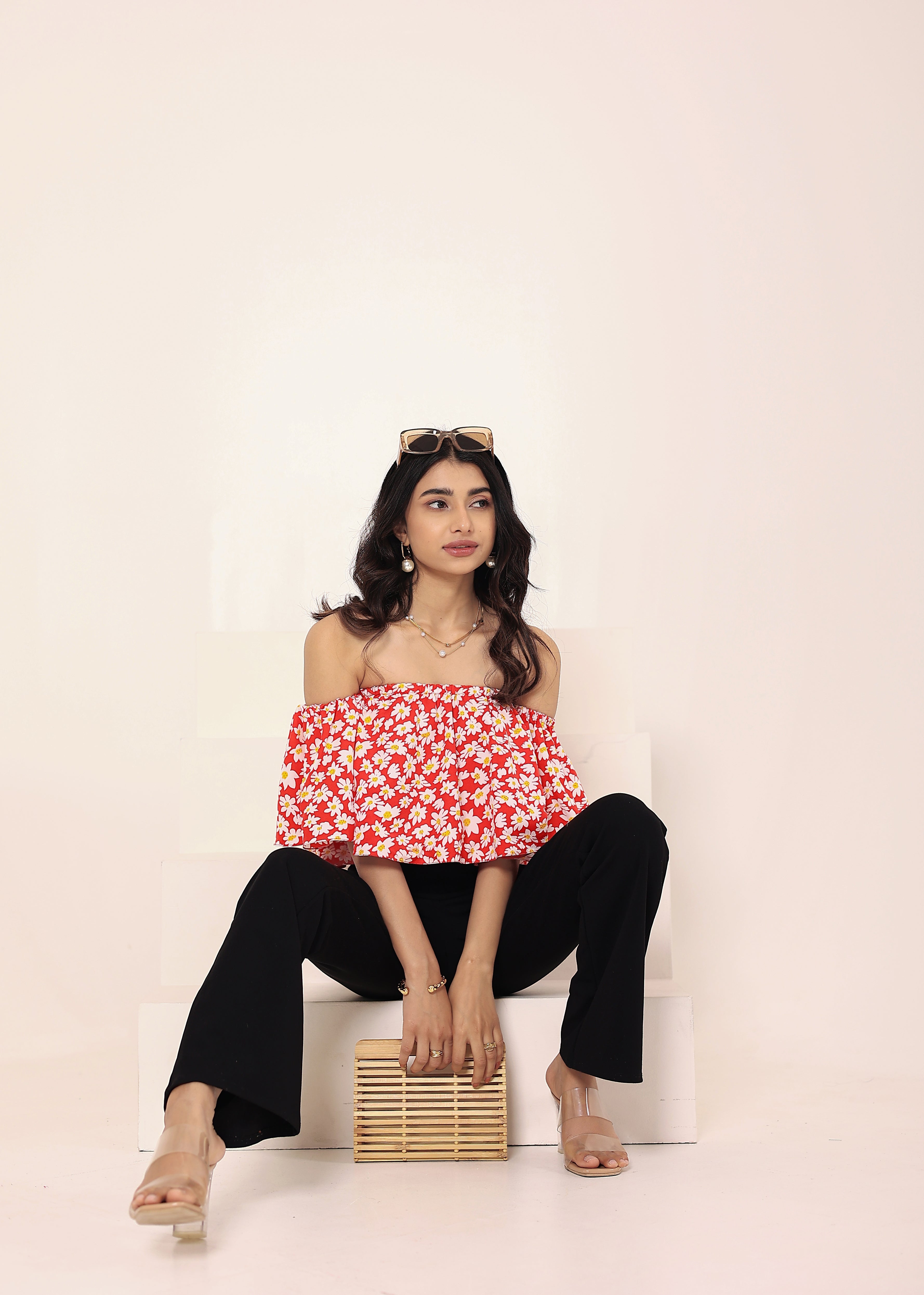 Red Floral Print Off-Shoulder Crop Top - Kaoribyshreya