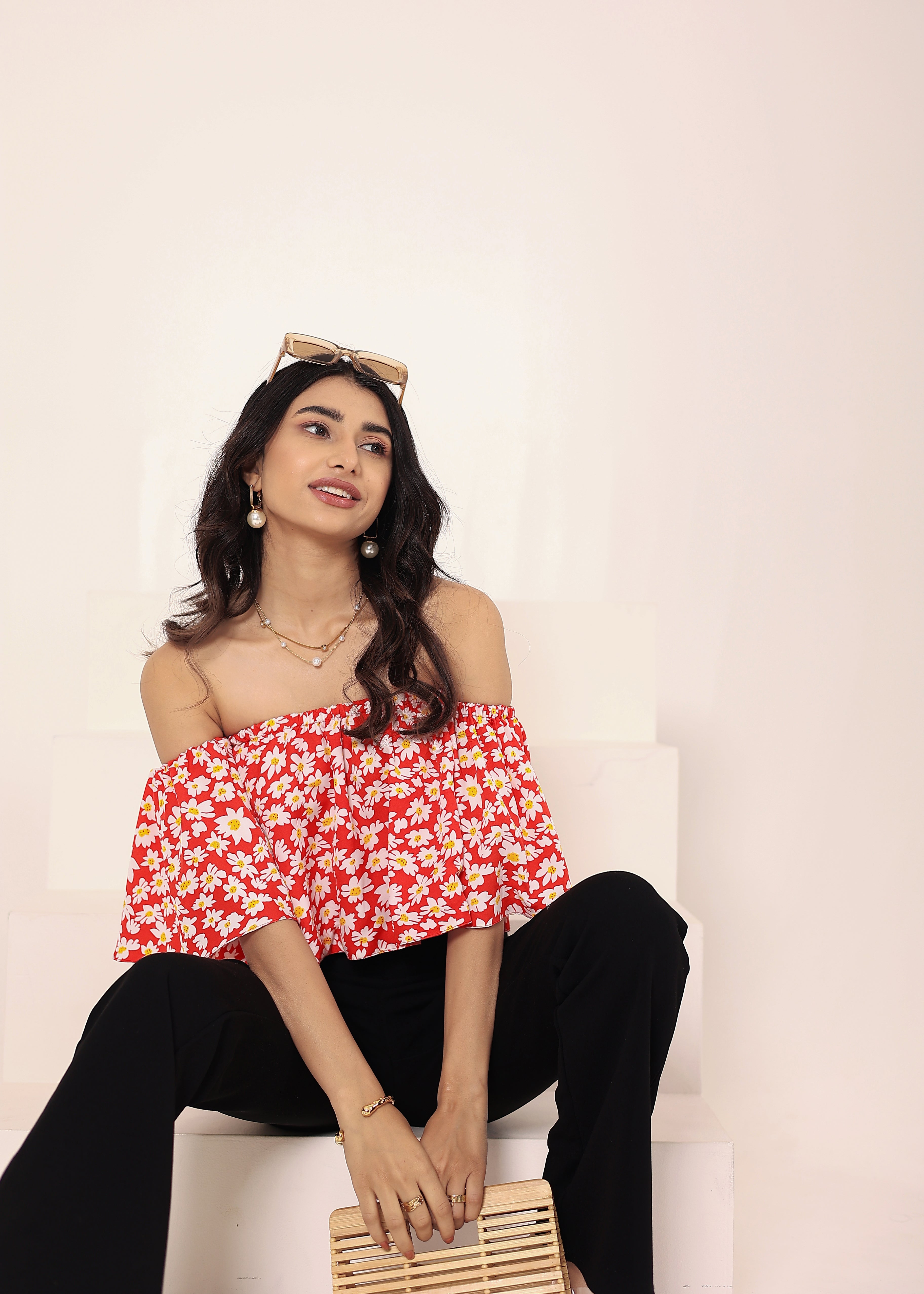 Red Floral Print Off-Shoulder Crop Top - Kaoribyshreya