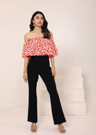 Red Floral Print Off-Shoulder Crop Top - Kaoribyshreya