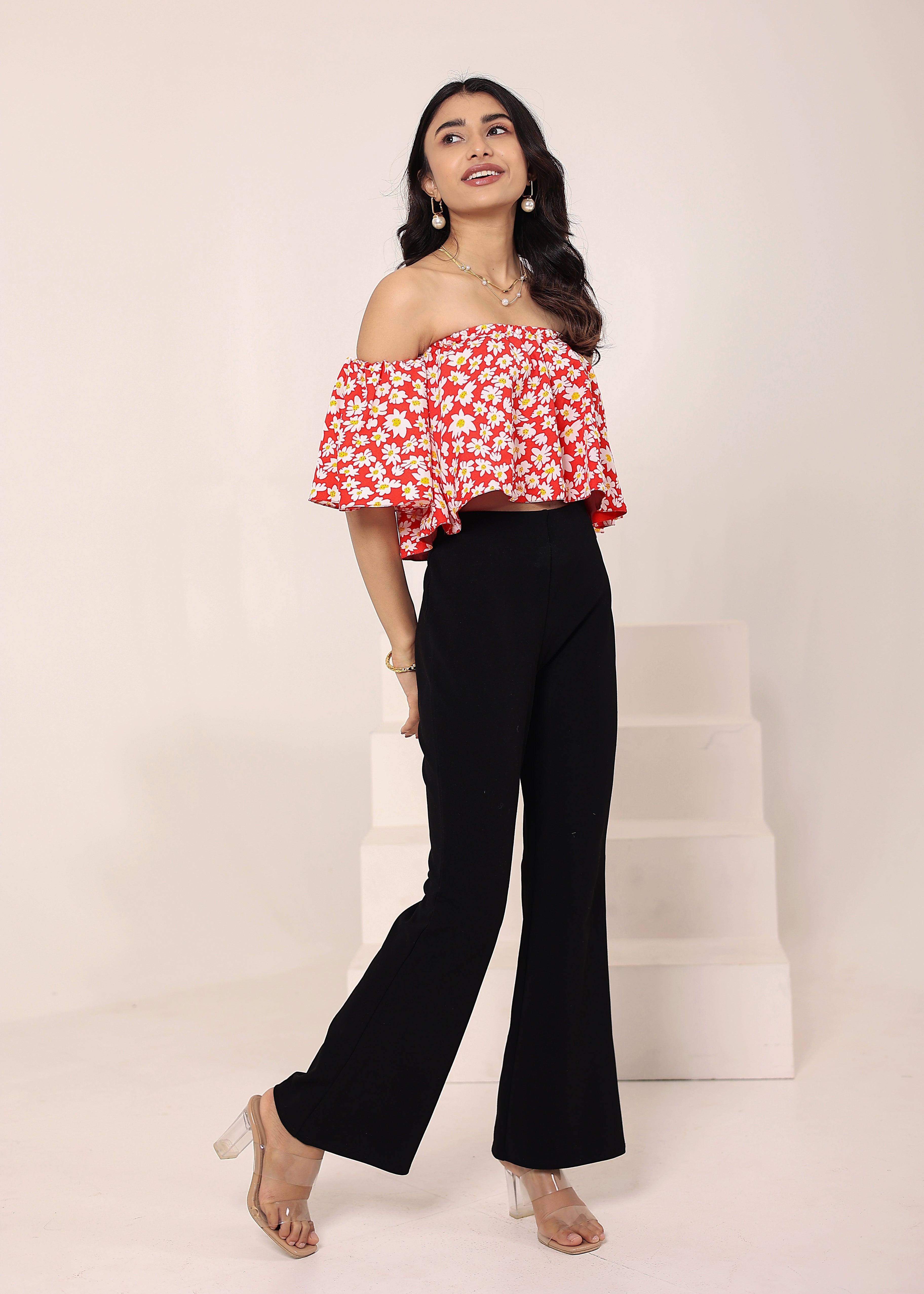 Red Floral Print Off-Shoulder Crop Top - Kaoribyshreya