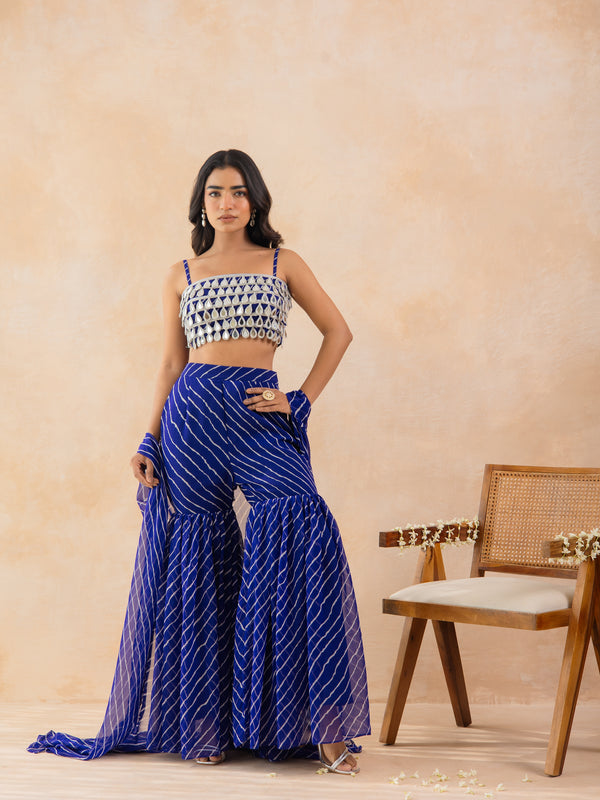 AMARA-Blue Bandhej Printed Mirror Embellished Cape Sharara Set
