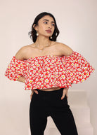 Red Floral Print Off-Shoulder Crop Top - Kaoribyshreya