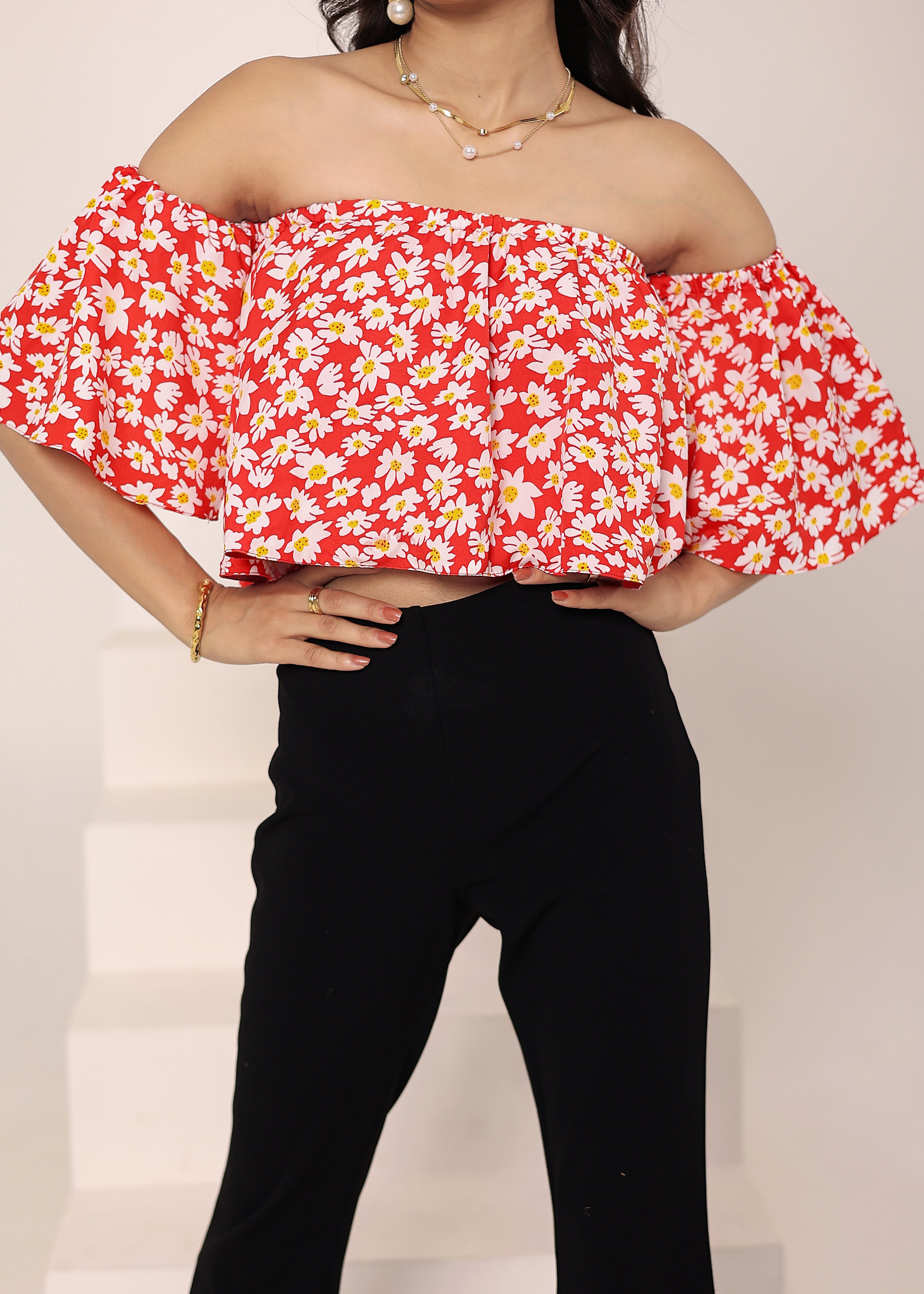 Red Floral Print Off-Shoulder Crop Top - Kaoribyshreya