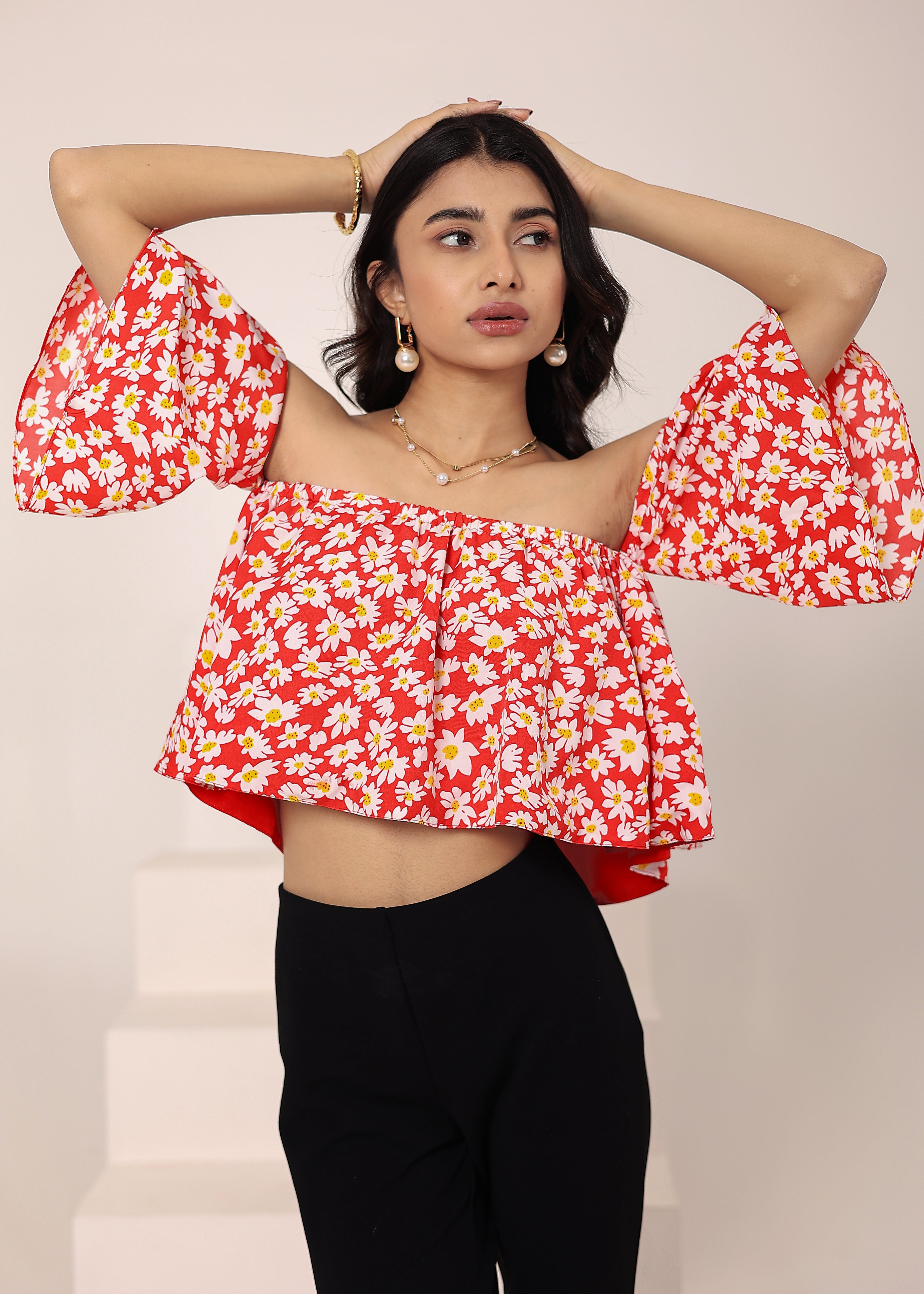 Red Floral Print Off-Shoulder Crop Top - Kaoribyshreya