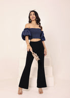 Navy Blue Cotton Denim Off-Shoulder Crop Top - Kaoribyshreya