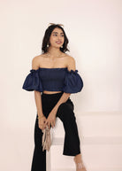 Navy Blue Cotton Denim Off-Shoulder Crop Top - Kaoribyshreya