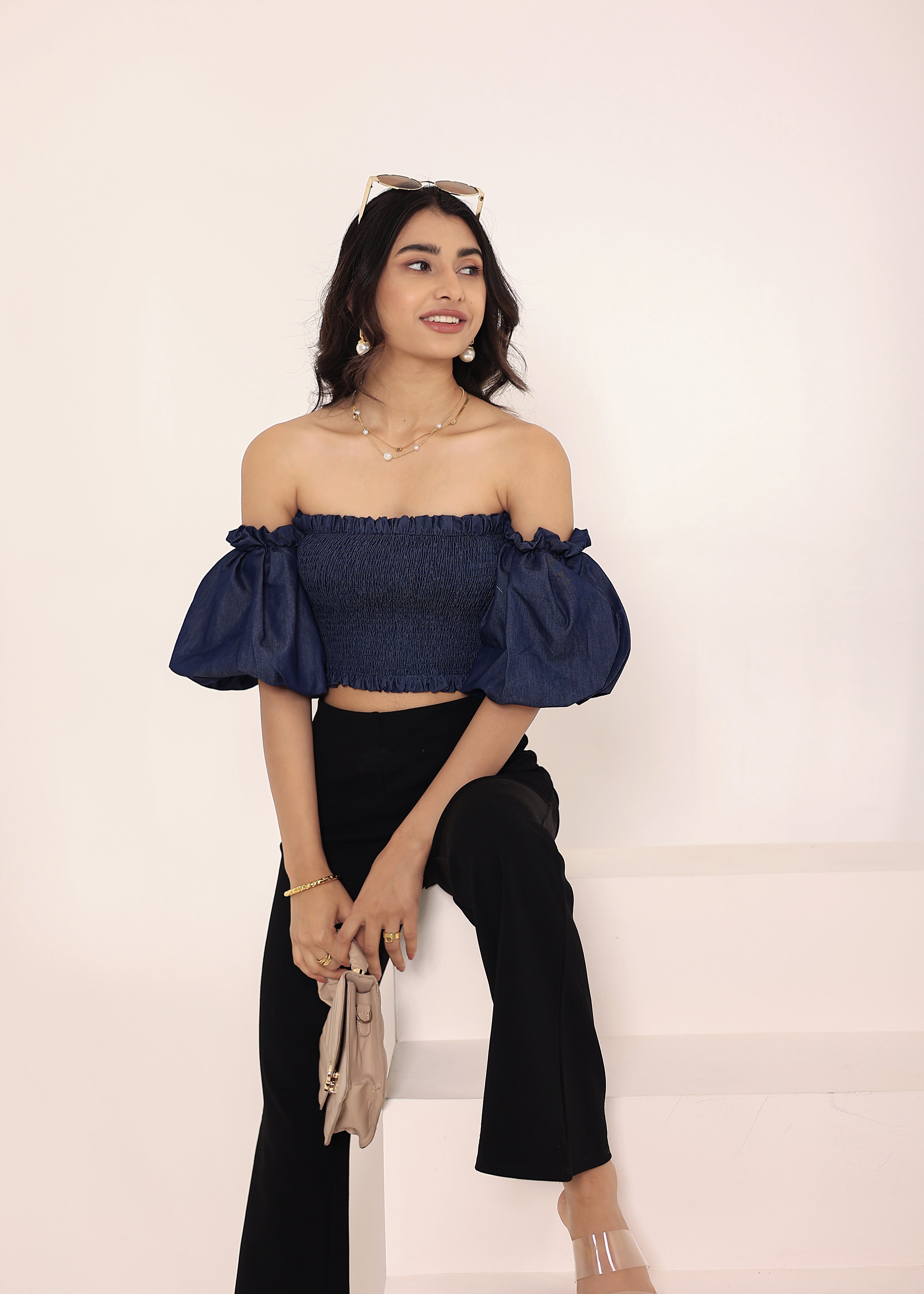 Navy Blue Cotton Denim Off-Shoulder Crop Top - Kaoribyshreya