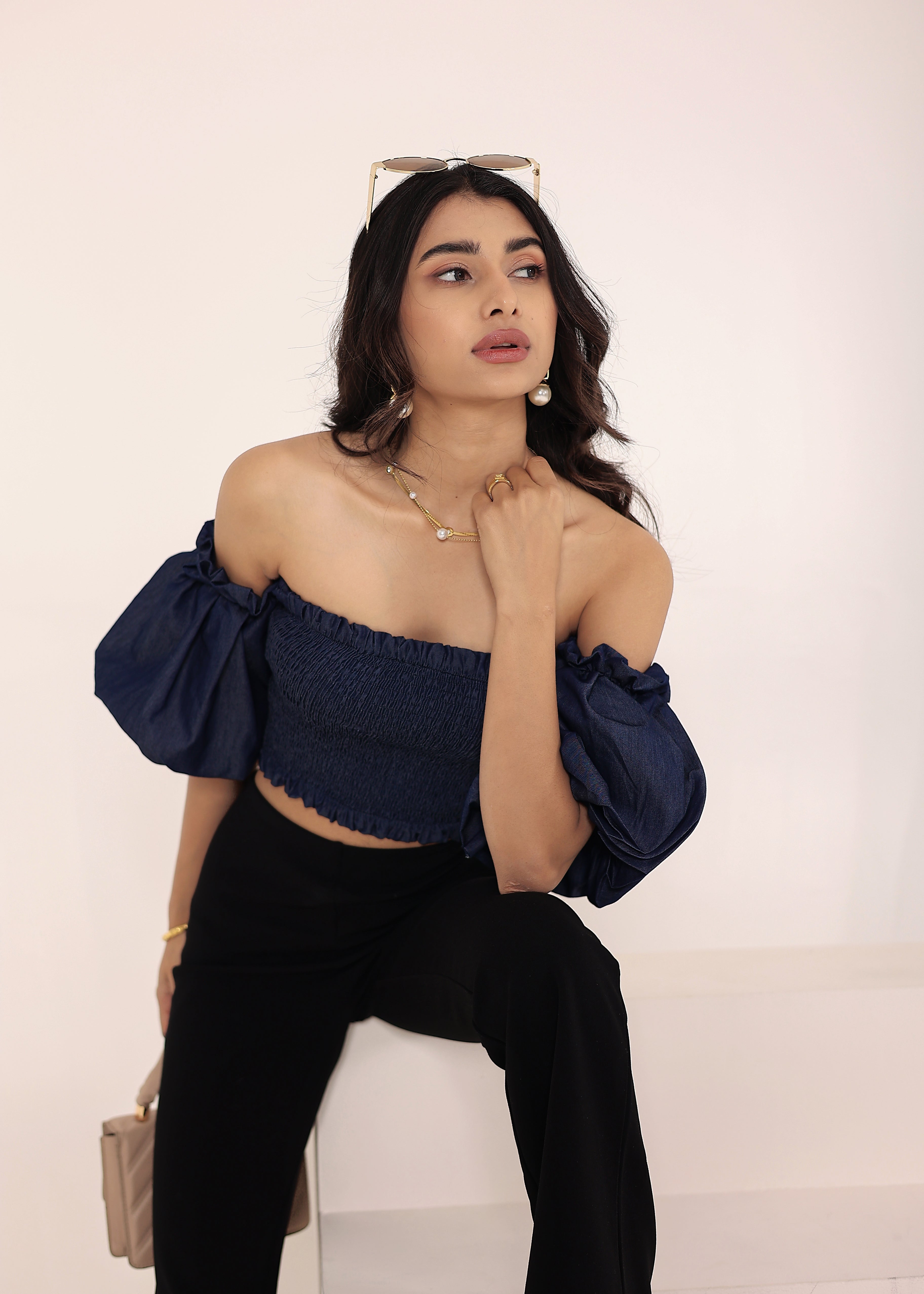 Navy Blue Cotton Denim Off-Shoulder Crop Top - Kaoribyshreya