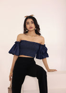 Navy Blue Cotton Denim Off-Shoulder Crop Top - Kaoribyshreya