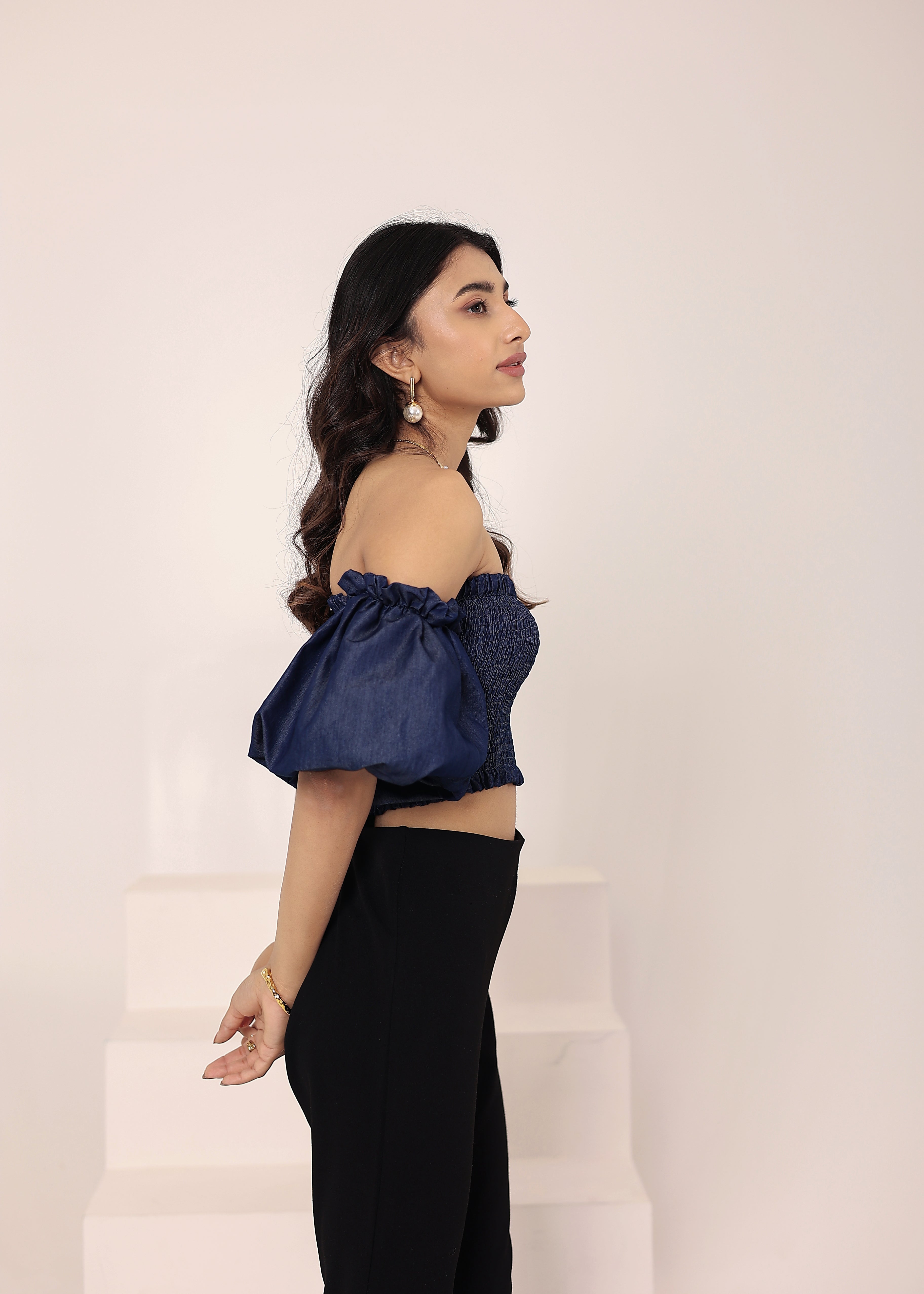Navy Blue Cotton Denim Off-Shoulder Crop Top - Kaoribyshreya