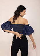 Navy Blue Cotton Denim Off-Shoulder Crop Top - Kaoribyshreya