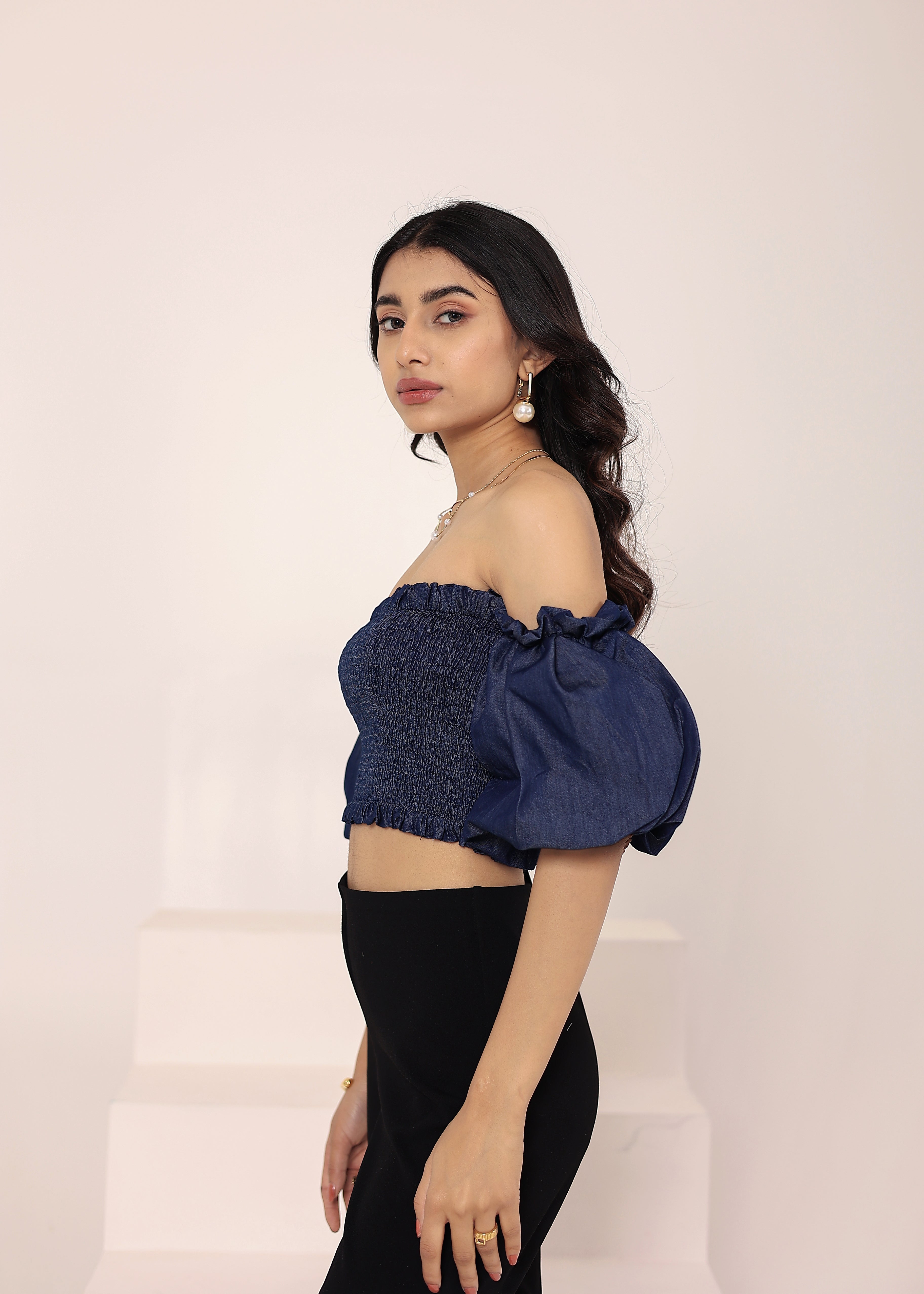 Navy Blue Cotton Denim Off-Shoulder Crop Top - Kaoribyshreya
