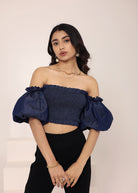 Navy Blue Cotton Denim Off-Shoulder Crop Top - Kaoribyshreya