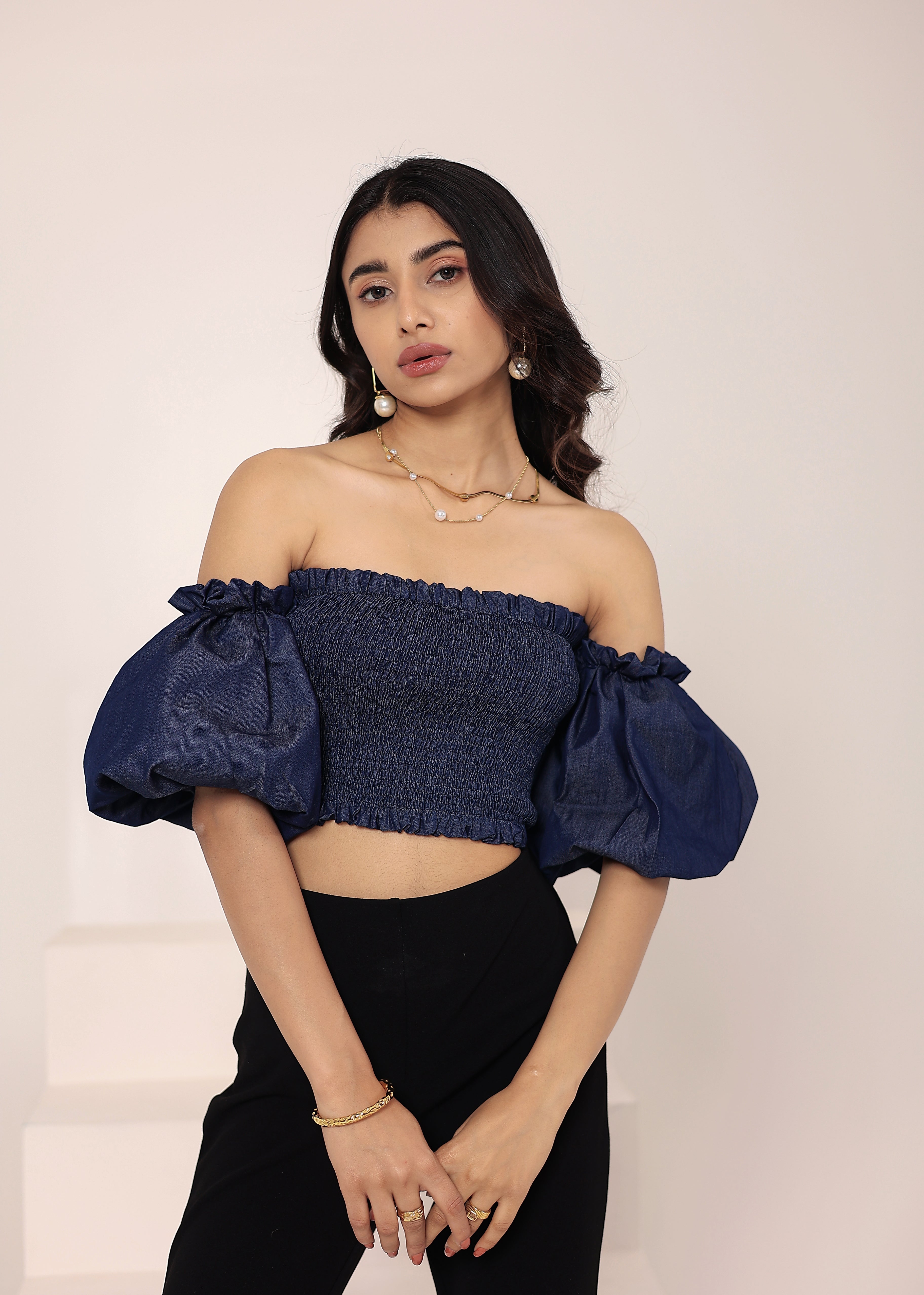 Navy Blue Cotton Denim Off-Shoulder Crop Top - Kaoribyshreya