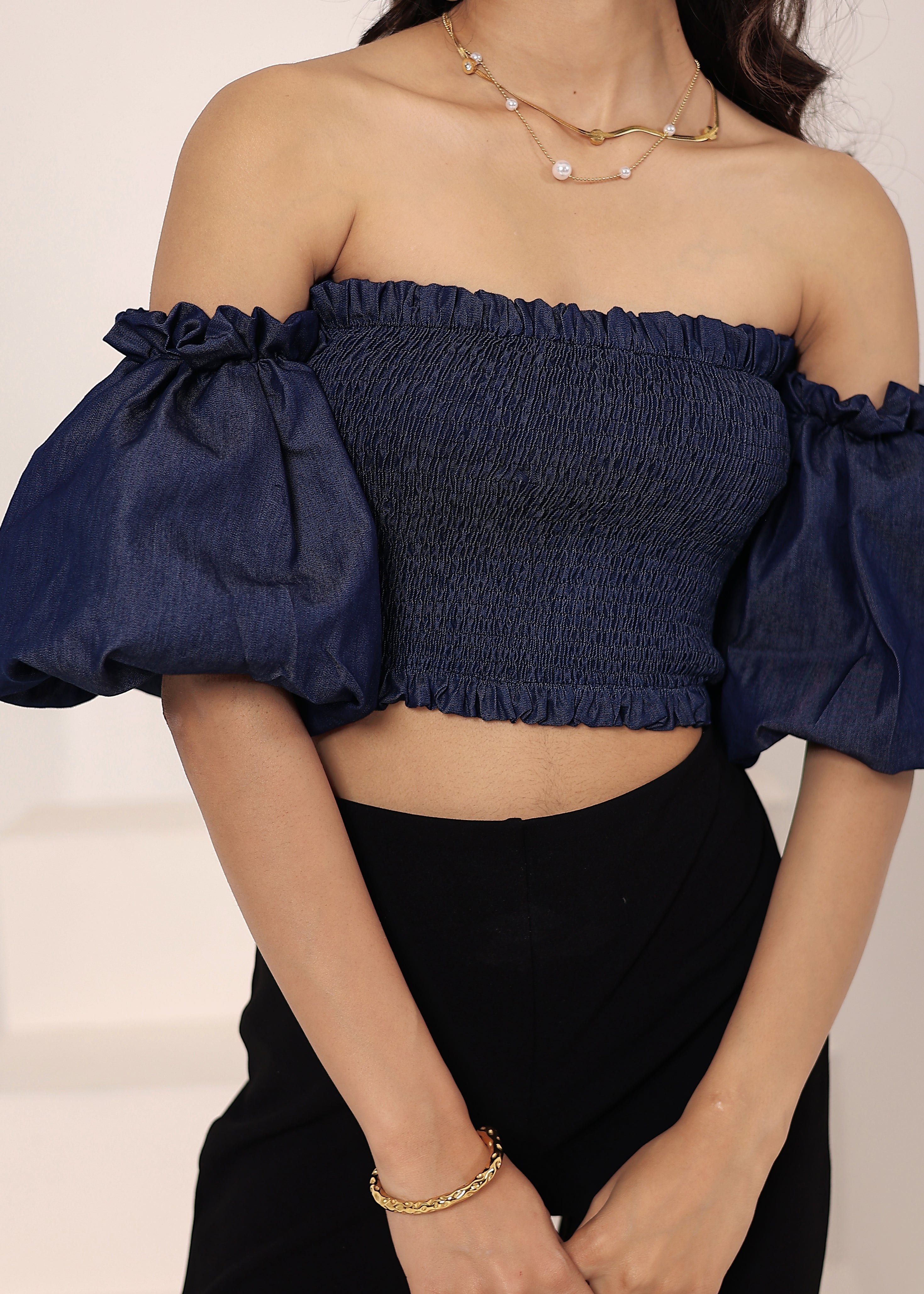 Navy Blue Cotton Denim Off-Shoulder Crop Top - Kaoribyshreya
