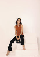 Brown Linen Blend Sleeveless Collared Shirt with Front Tie - Kaoribyshreya