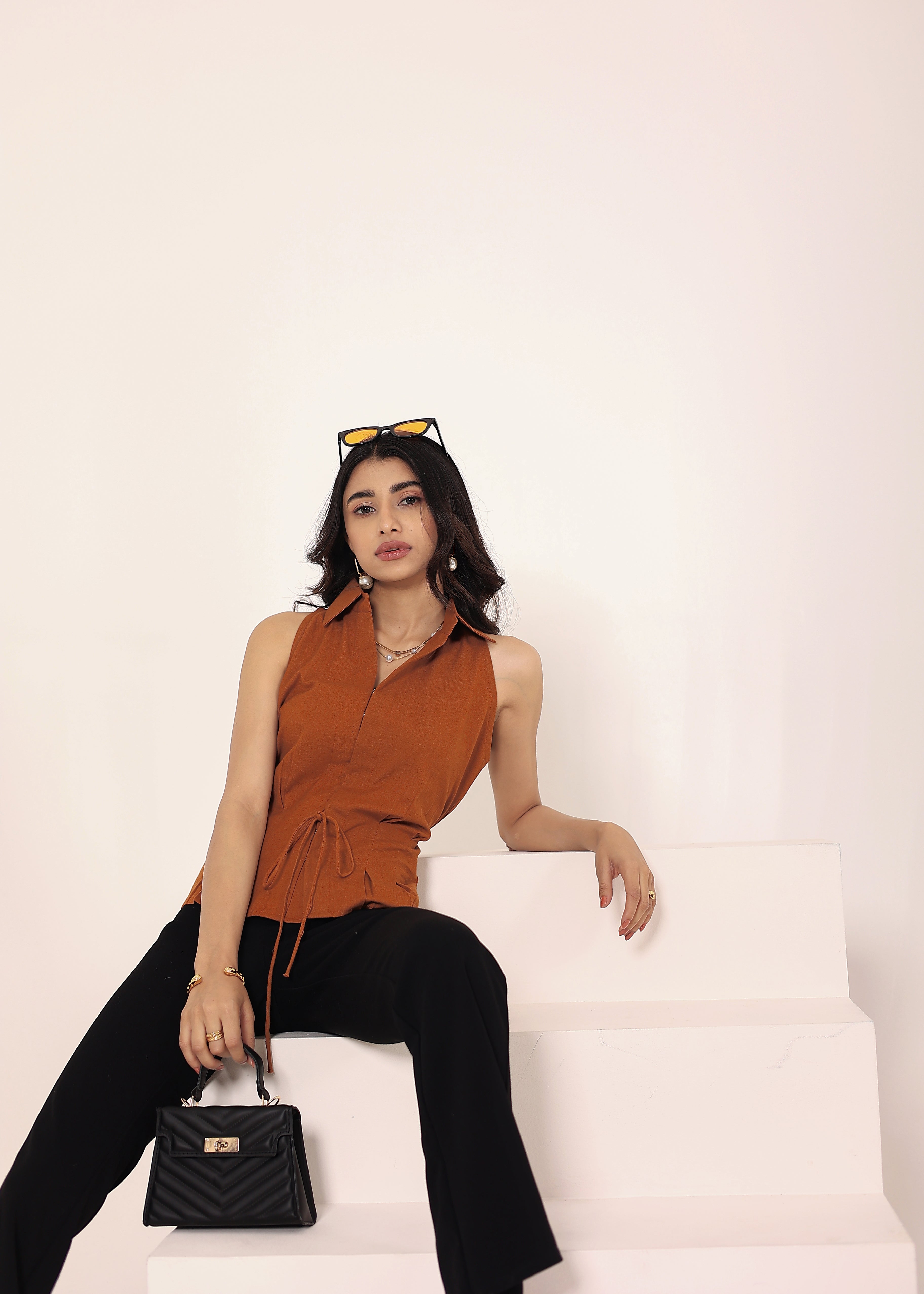 Brown Linen Blend Sleeveless Collared Shirt with Front Tie - Kaoribyshreya