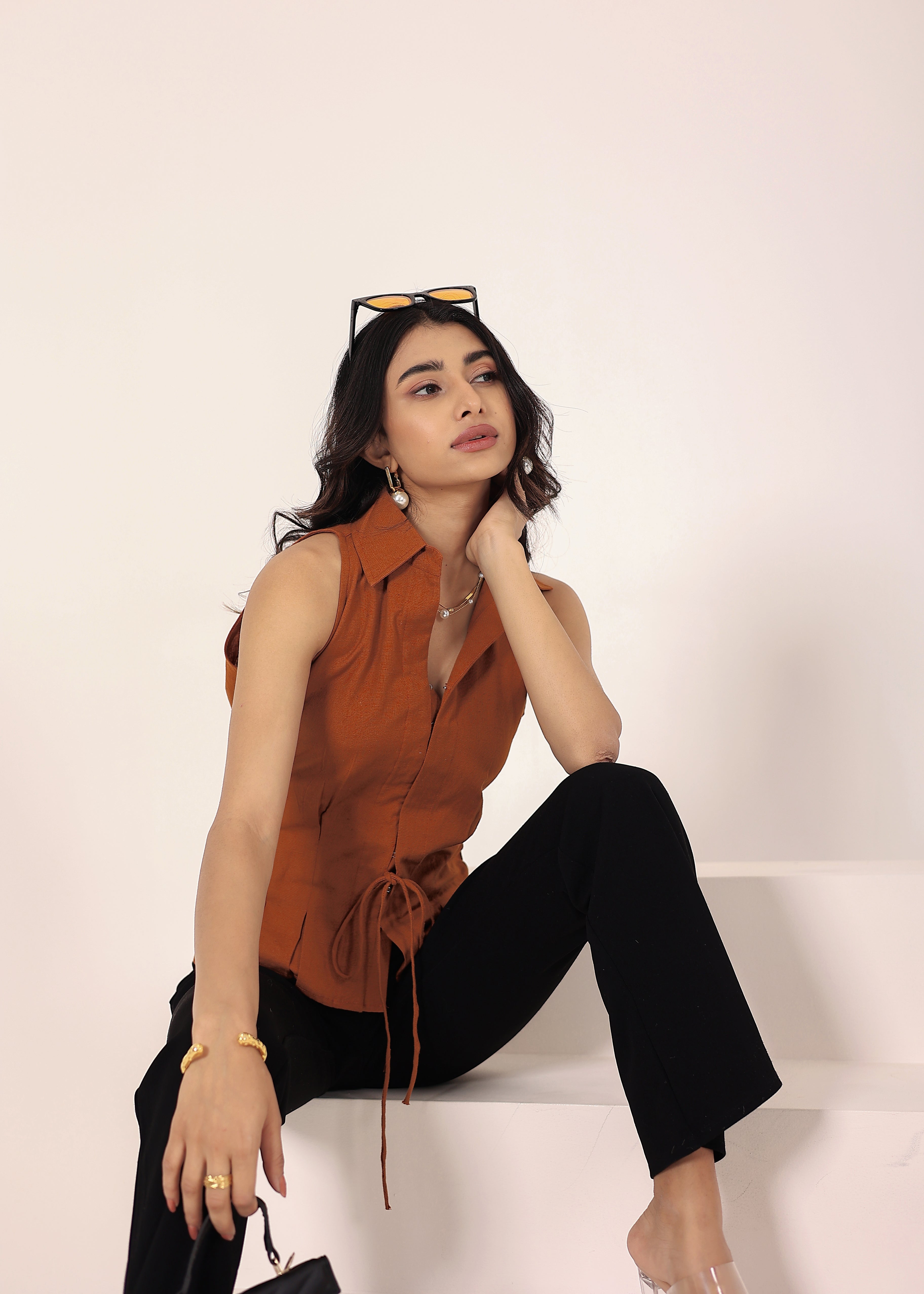 Brown Linen Blend Sleeveless Collared Shirt with Front Tie - Kaoribyshreya